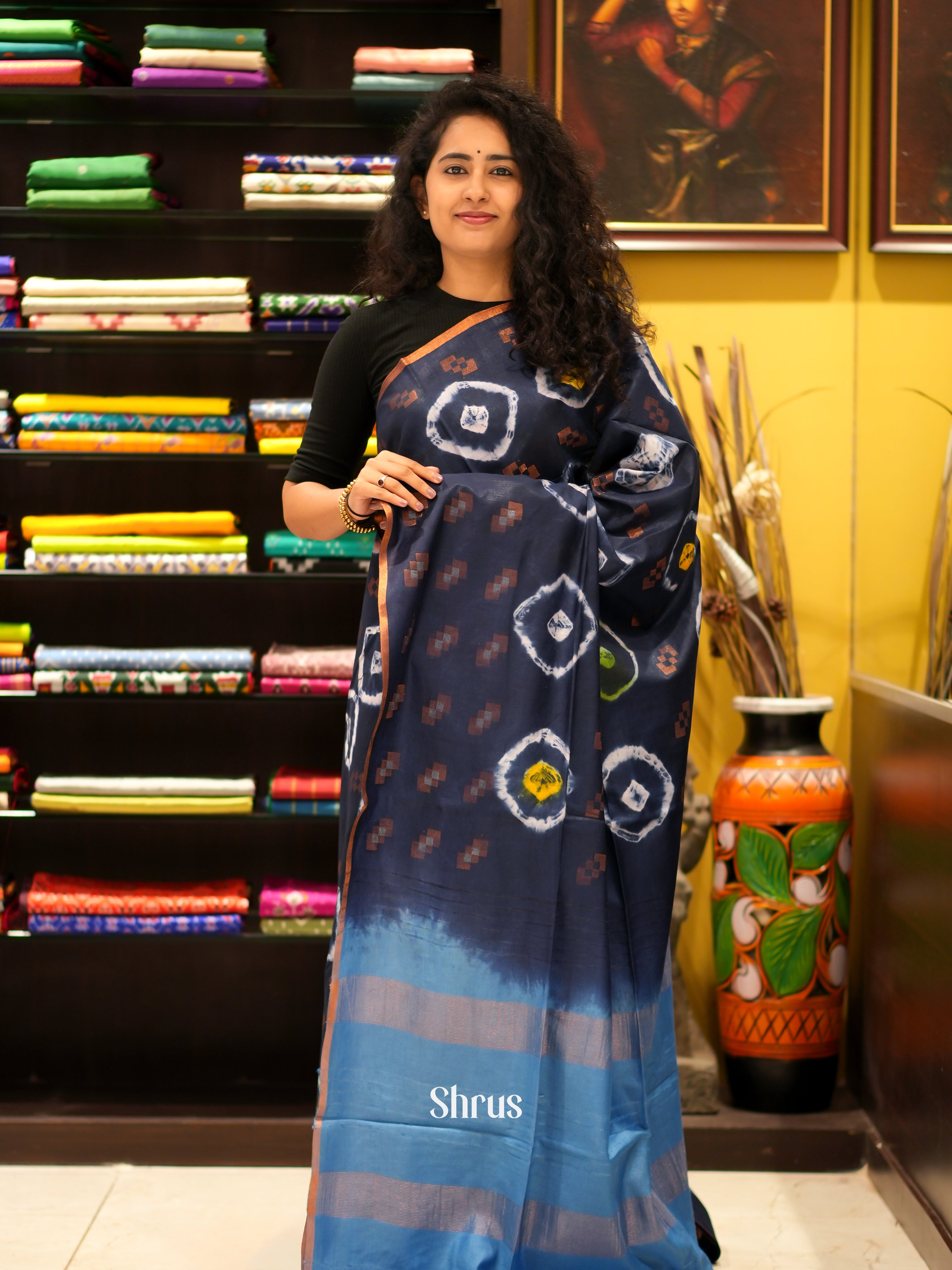 Navy Blue & Blue - Shibori Saree - Shop on ShrusEternity.com