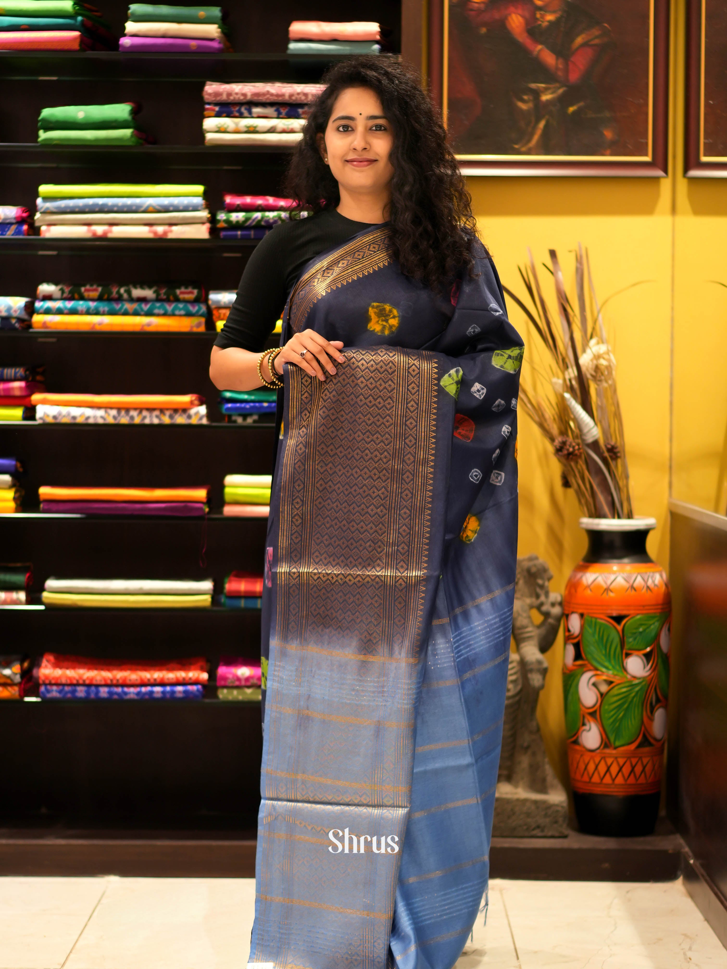 Navy Blue & Blue - Shibori Saree - Shop on ShrusEternity.com