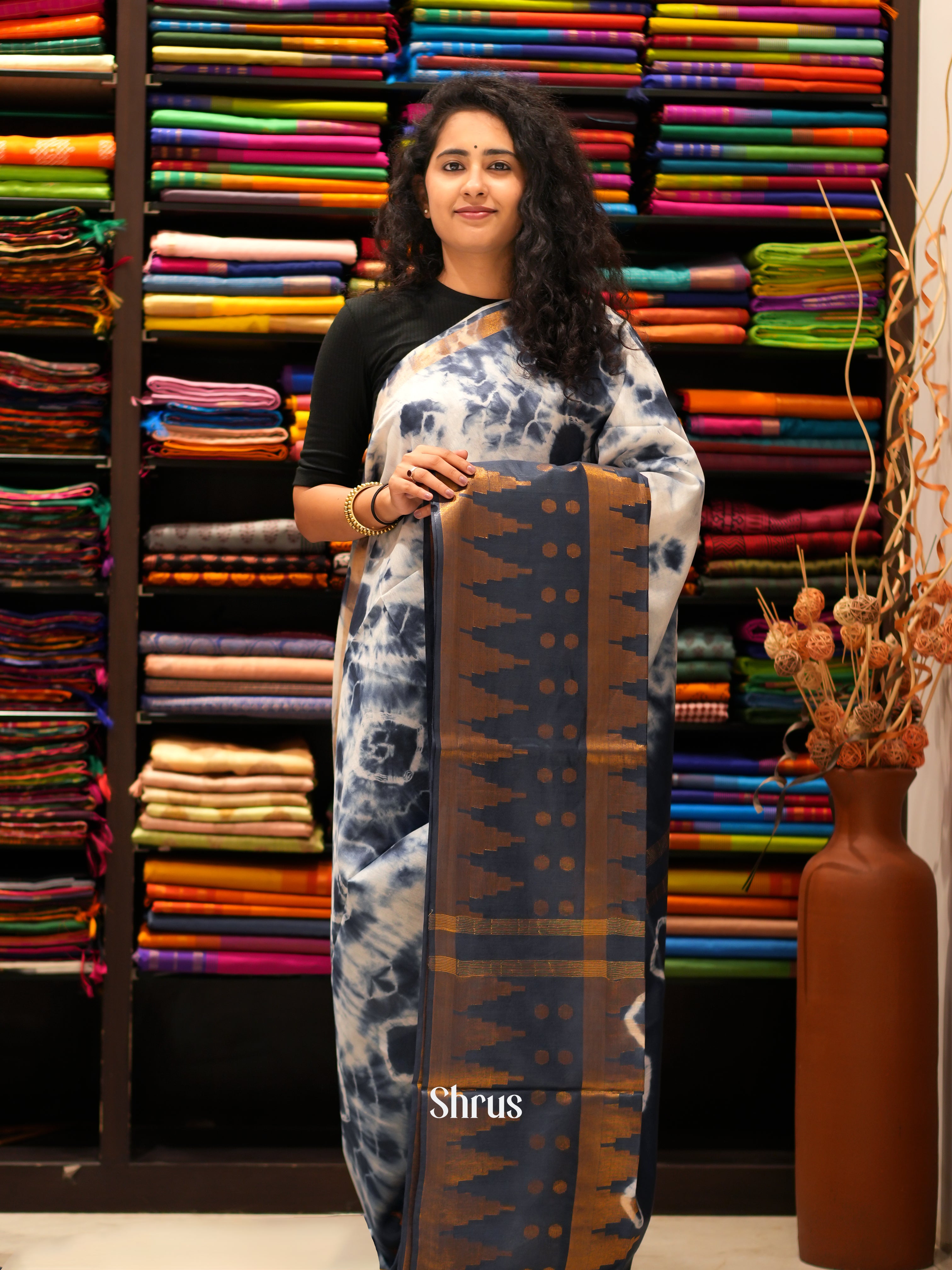 Cream & Blue - Shibori Saree - Shop on ShrusEternity.com