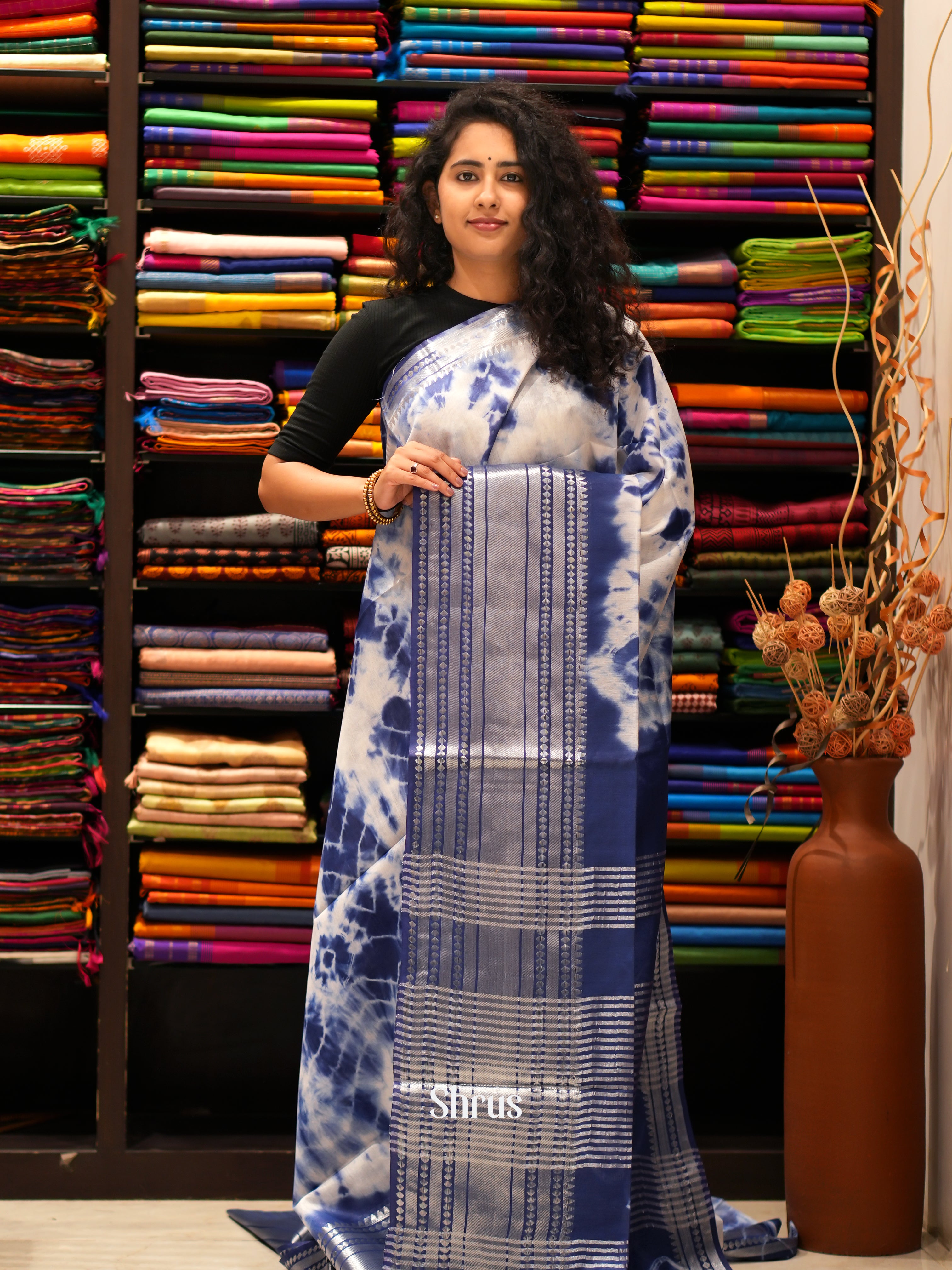 Cream & Blue - Shibori Saree - Shop on ShrusEternity.com