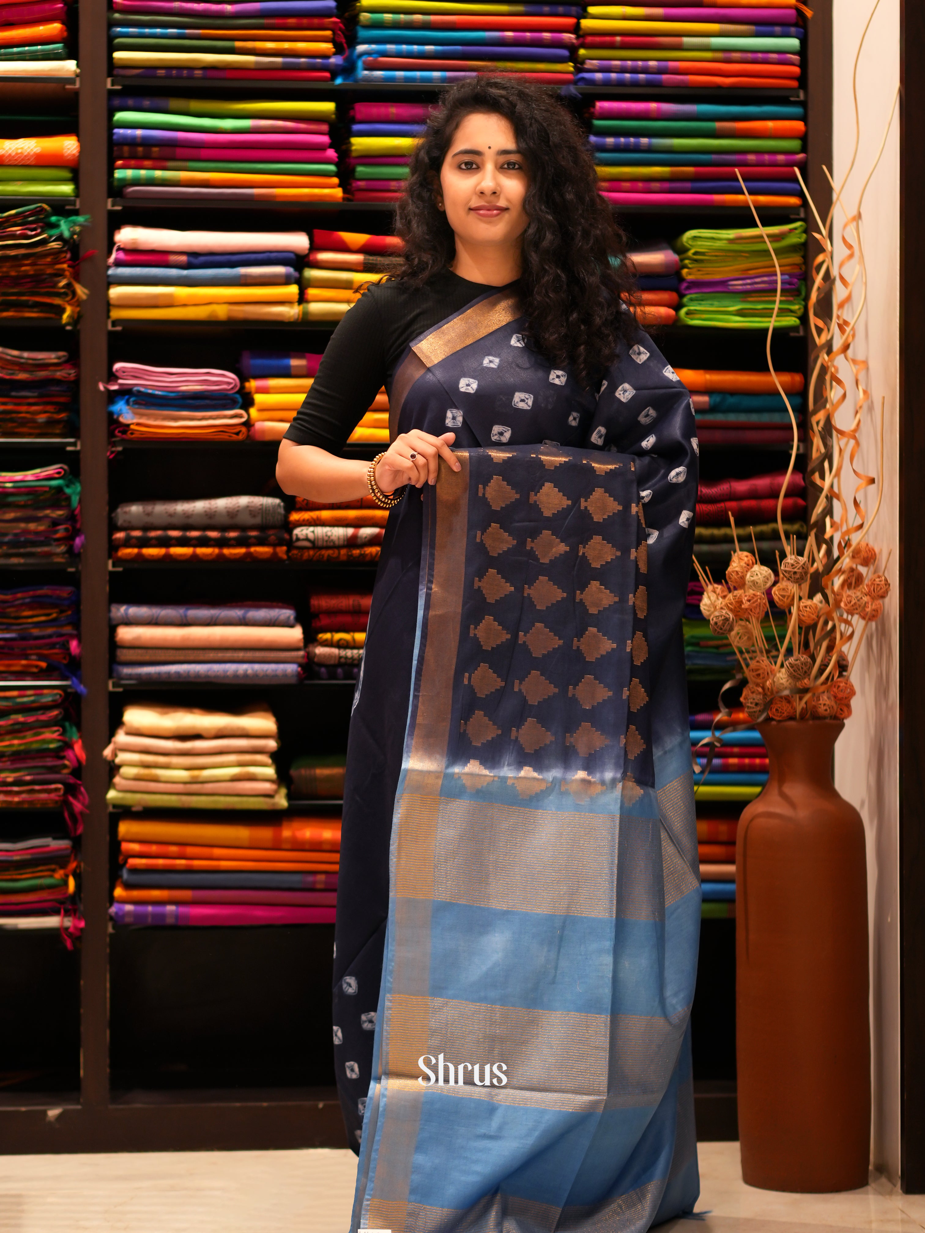 Navy Blue & Blue - Shibori Saree - Shop on ShrusEternity.com