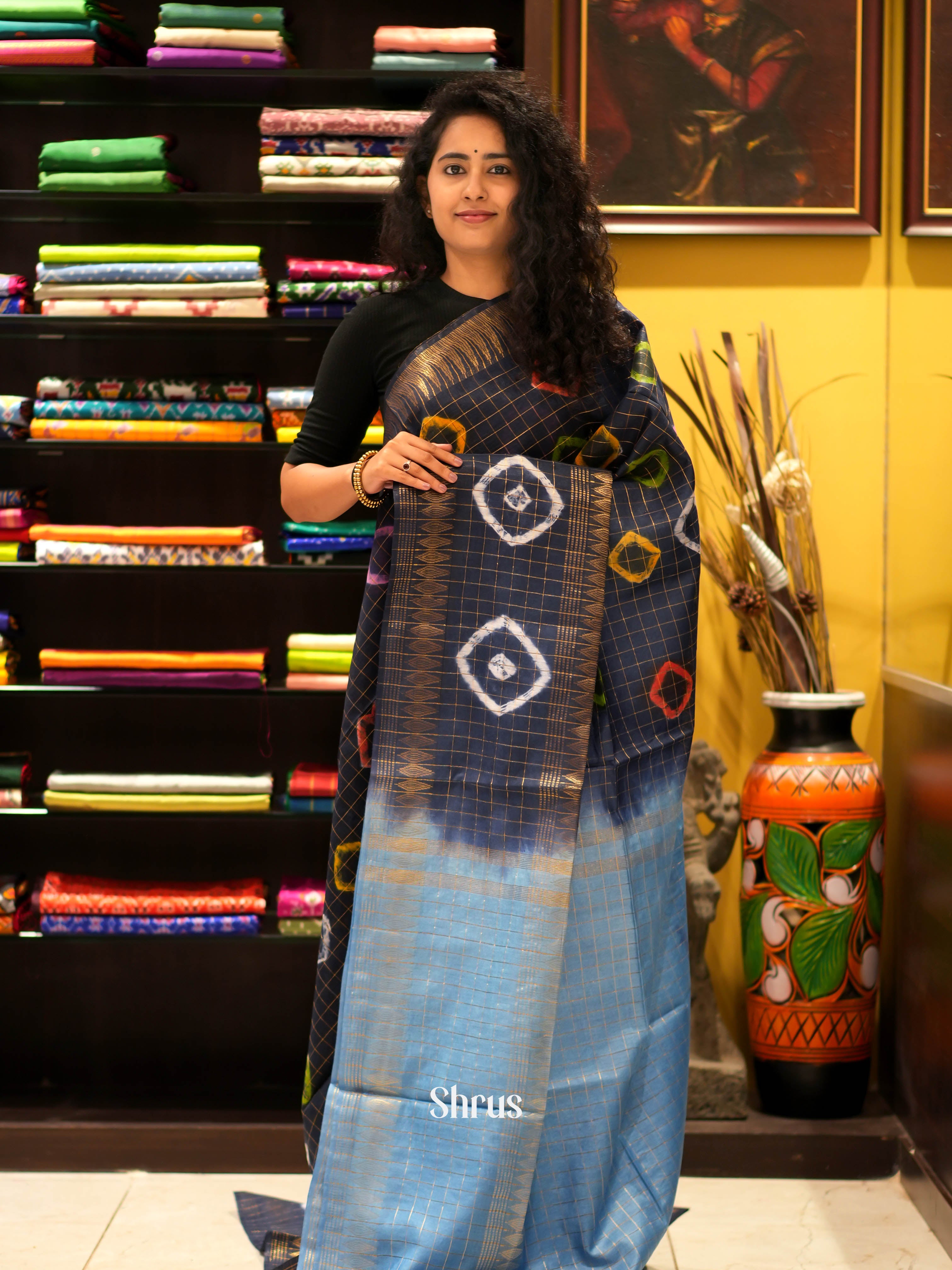 Navy Blue & Blue - Shibori Saree - Shop on ShrusEternity.com