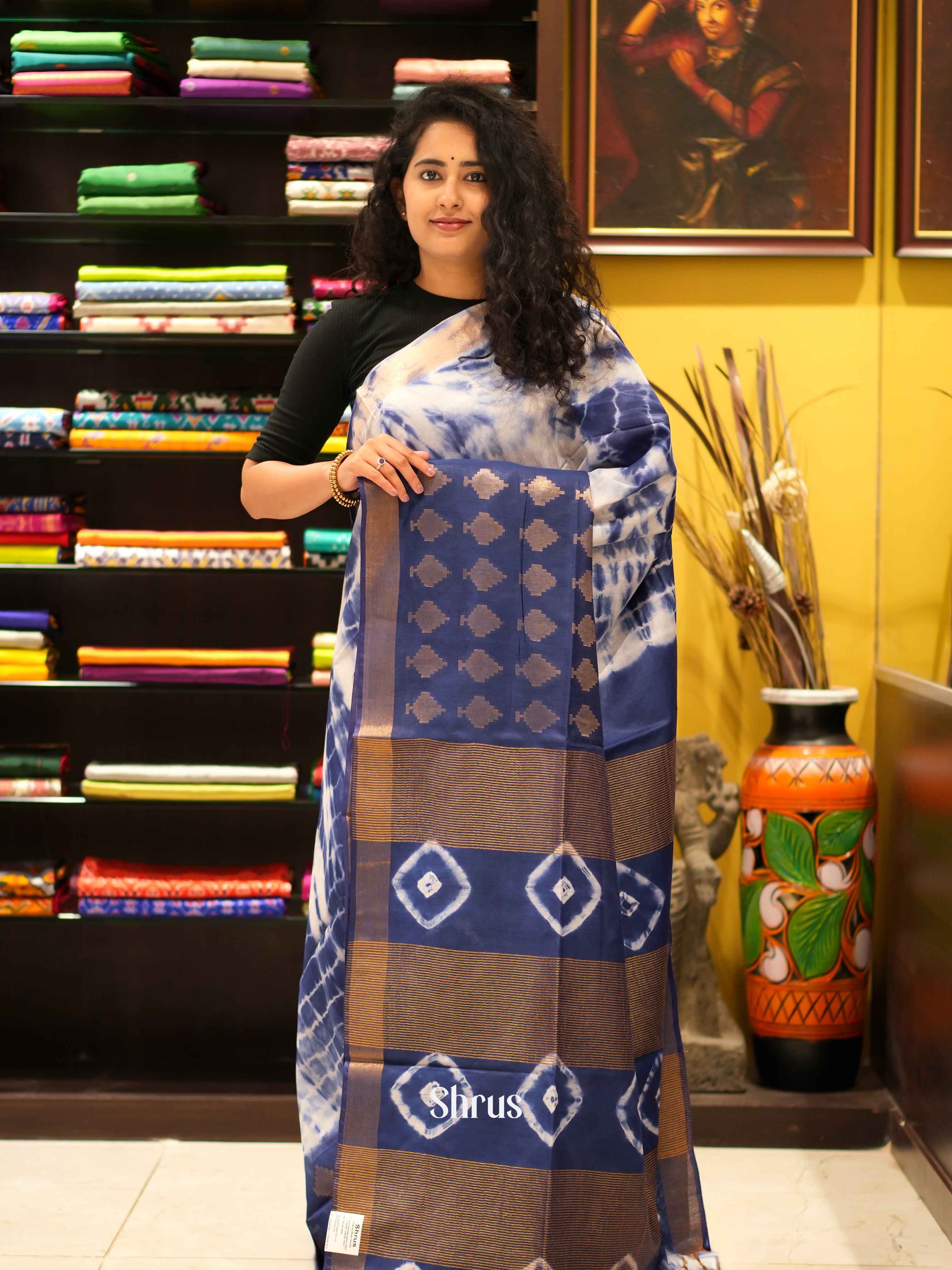 Cream & Blue - Shibori Saree - Shop on ShrusEternity.com