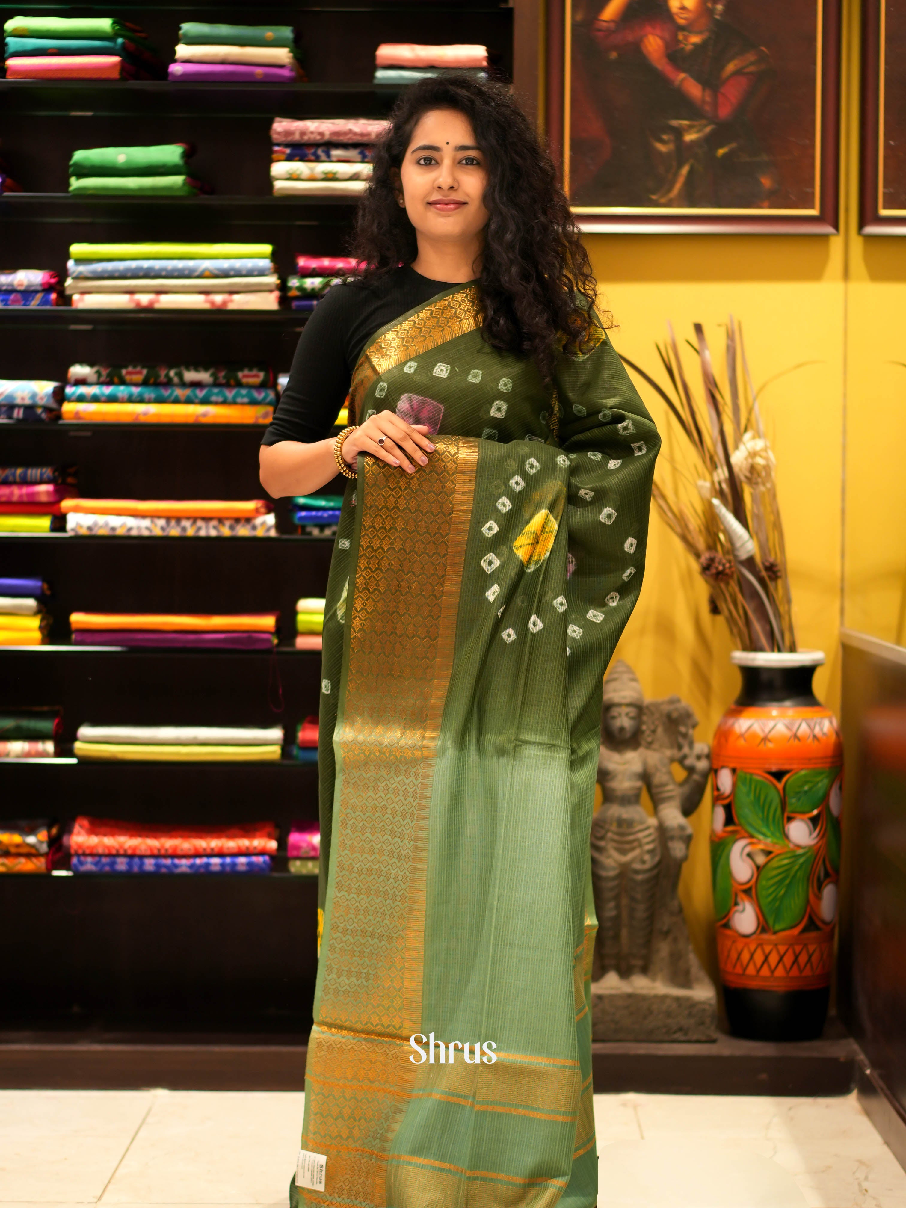 Mehandi Green & Greenish Grey - Shibori Saree - Shop on ShrusEternity.com