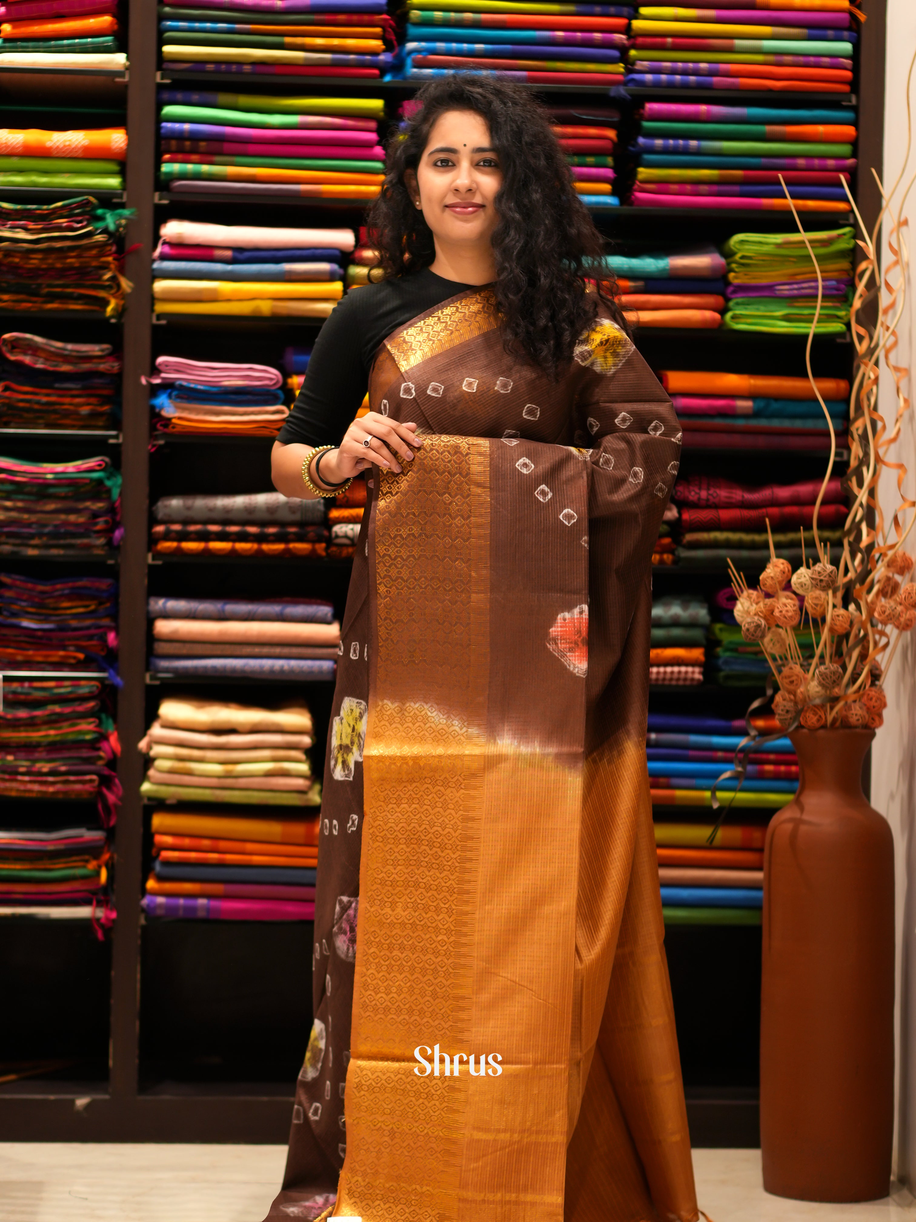 Brown & Orange - Shibori Saree - Shop on ShrusEternity.com