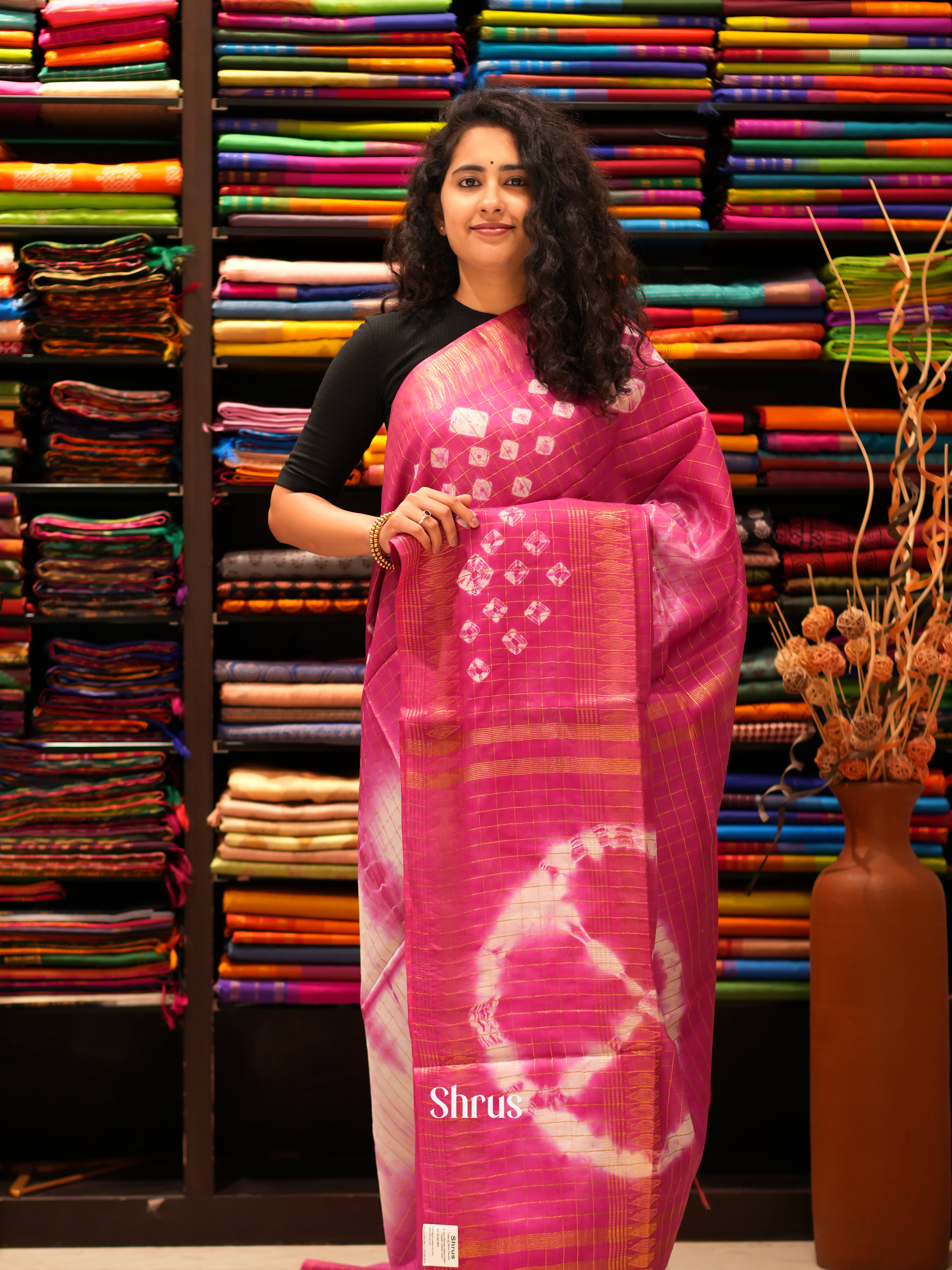 Cream & Pink - Shibori Saree - Shop on ShrusEternity.com