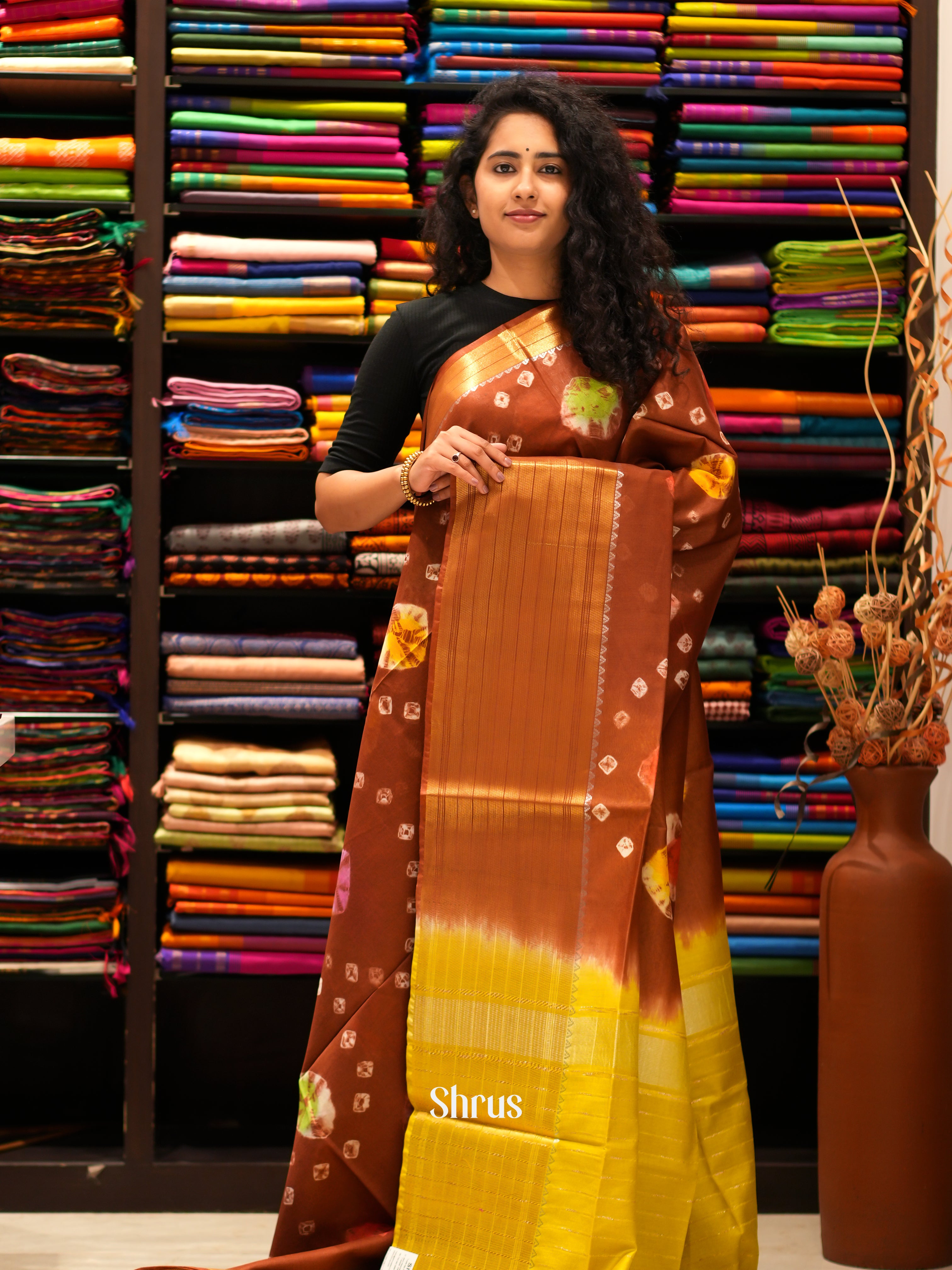 Brown & Yellow - Shibori Saree - Shop on ShrusEternity.com