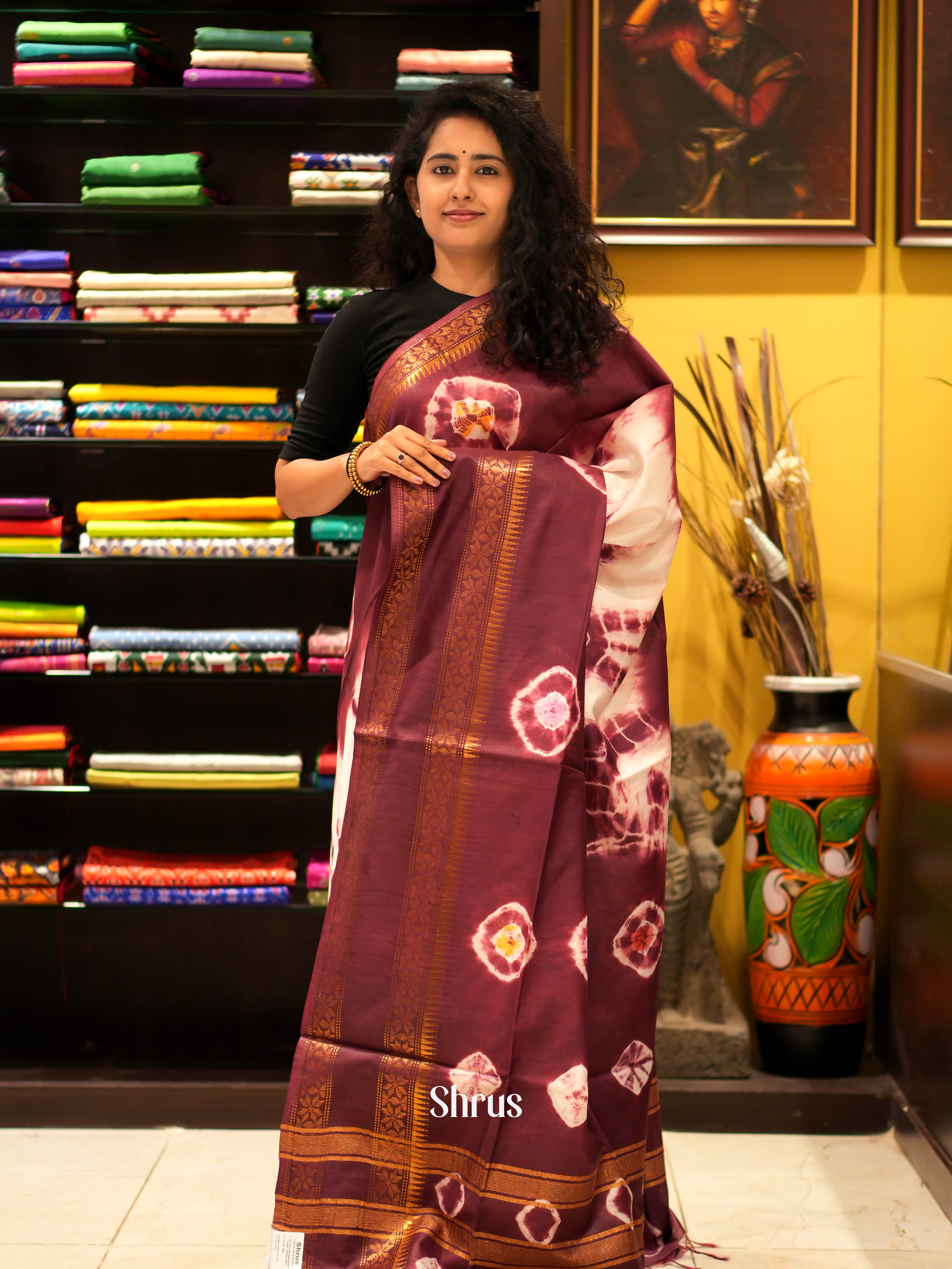 Cream & Brown - Shibori Saree - Shop on ShrusEternity.com