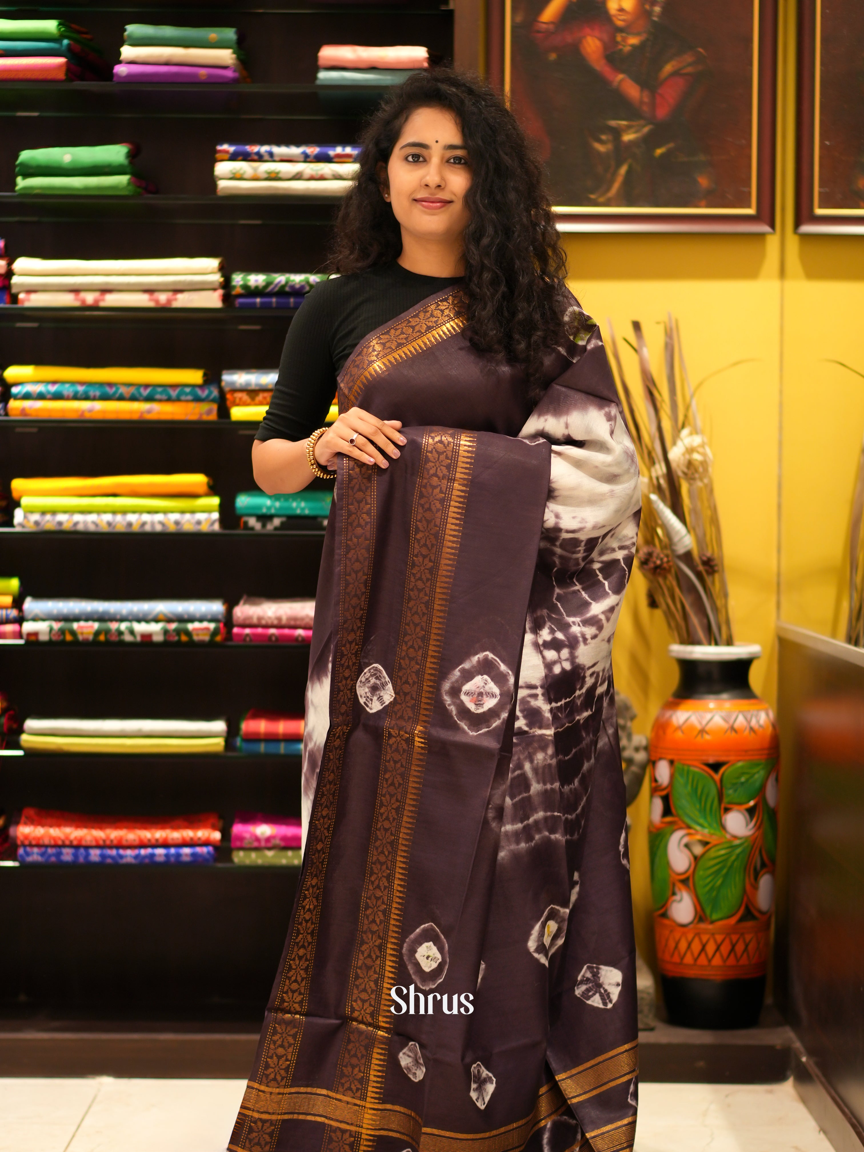 Cream & Brown - Shibori Saree - Shop on ShrusEternity.com