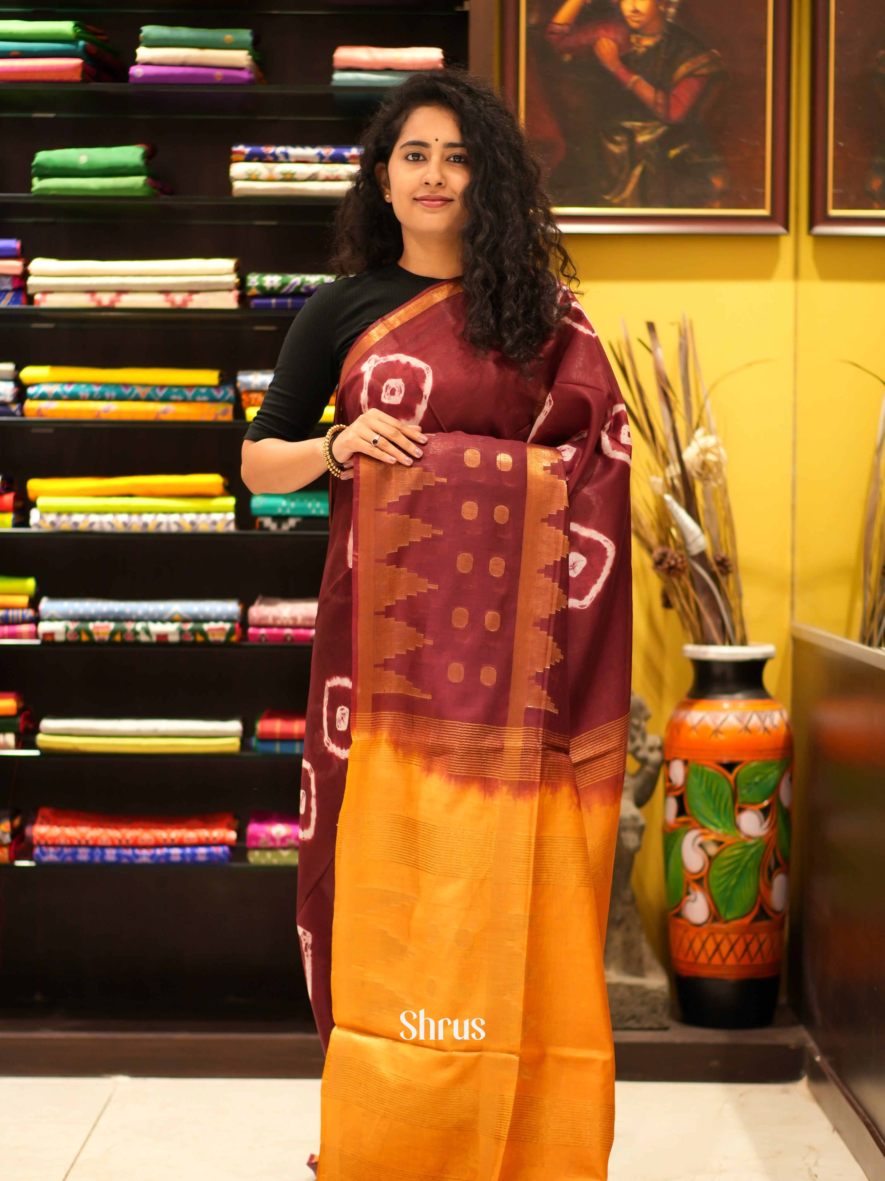 Brown & Orange - Shibori Saree - Shop on ShrusEternity.com
