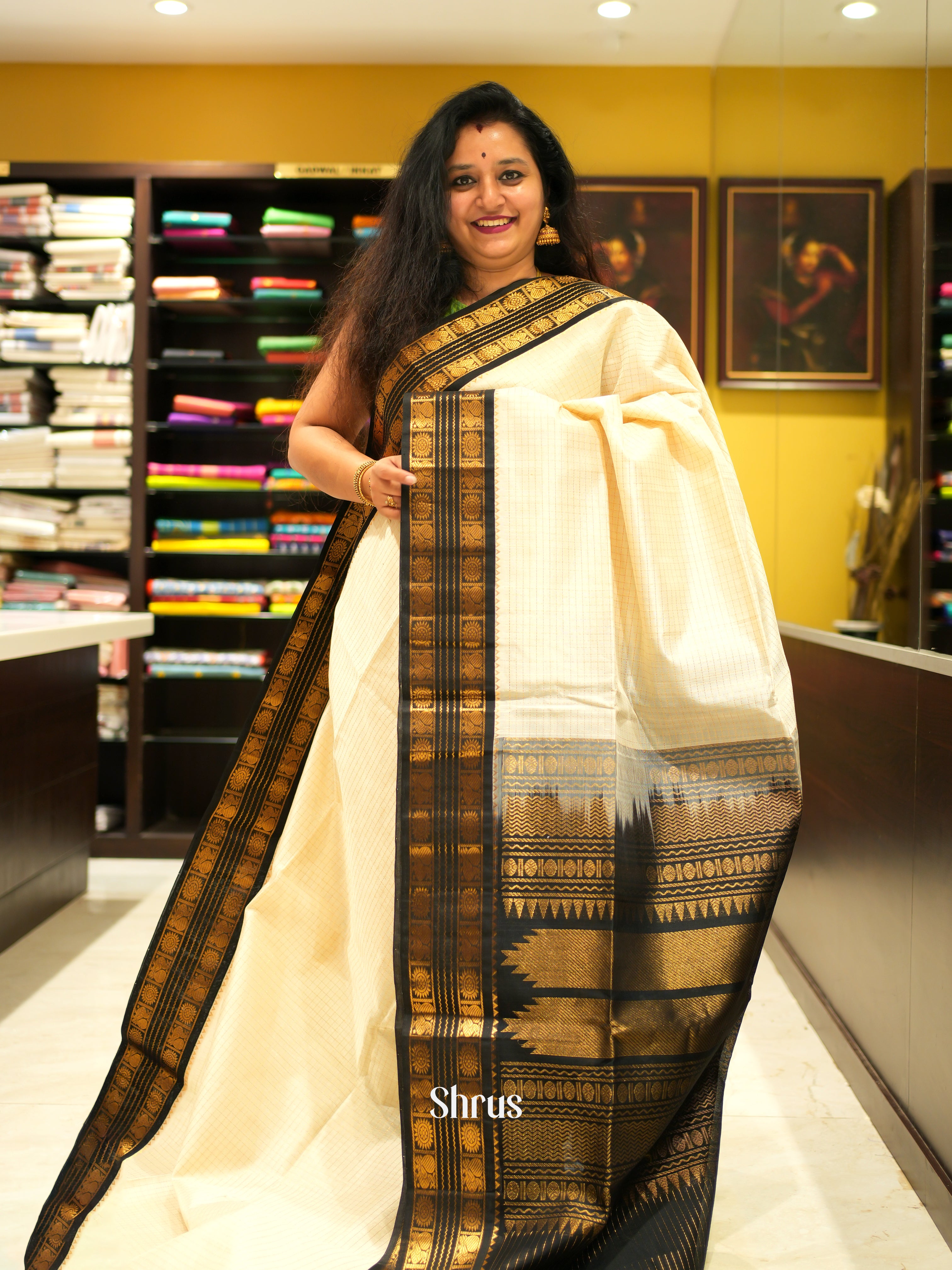 Cream & Black - Silk Cotton Saree - Shop on ShrusEternity.com