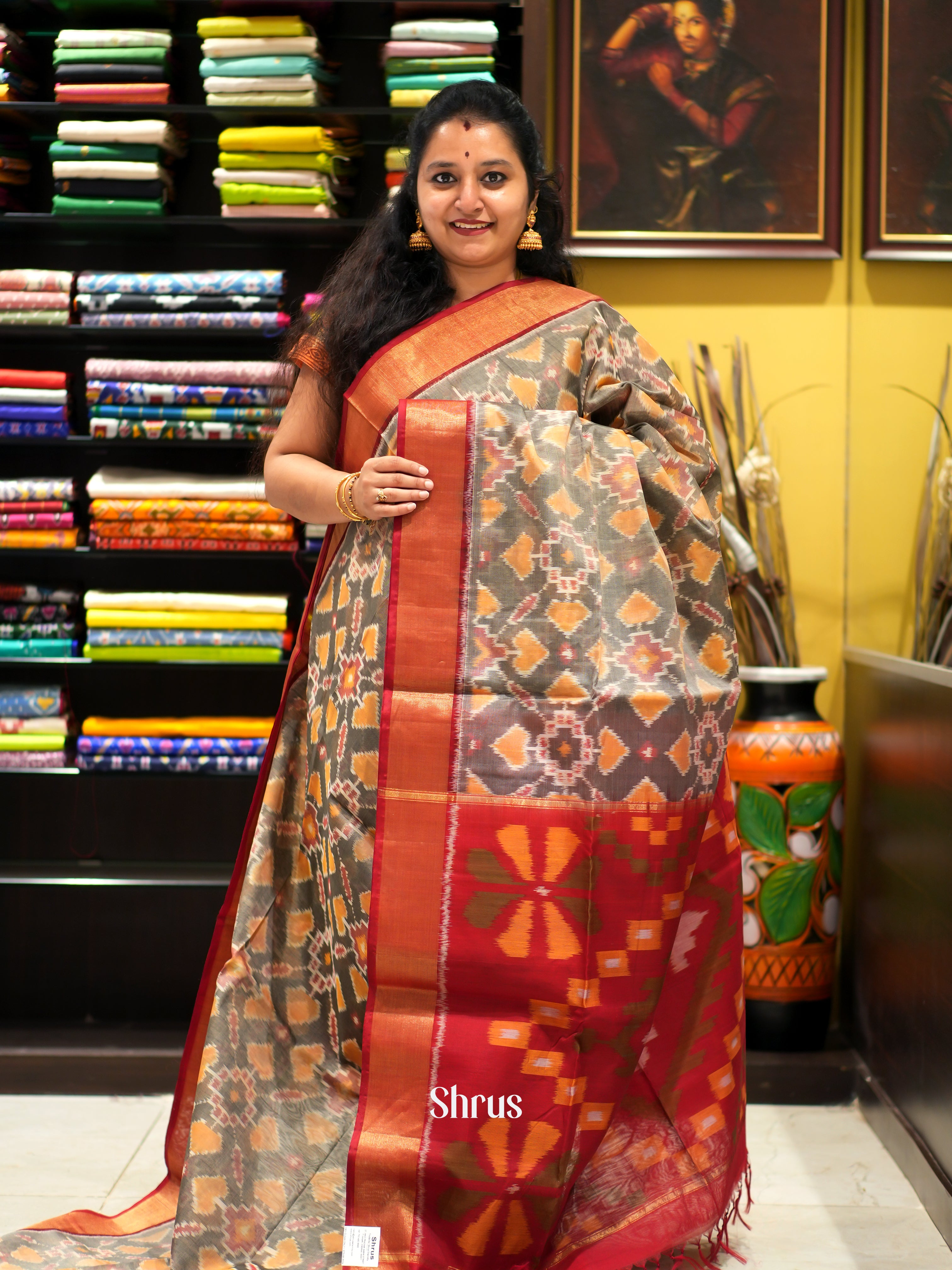 Grey & Red - Pochampally sico saree - Shop on ShrusEternity.com