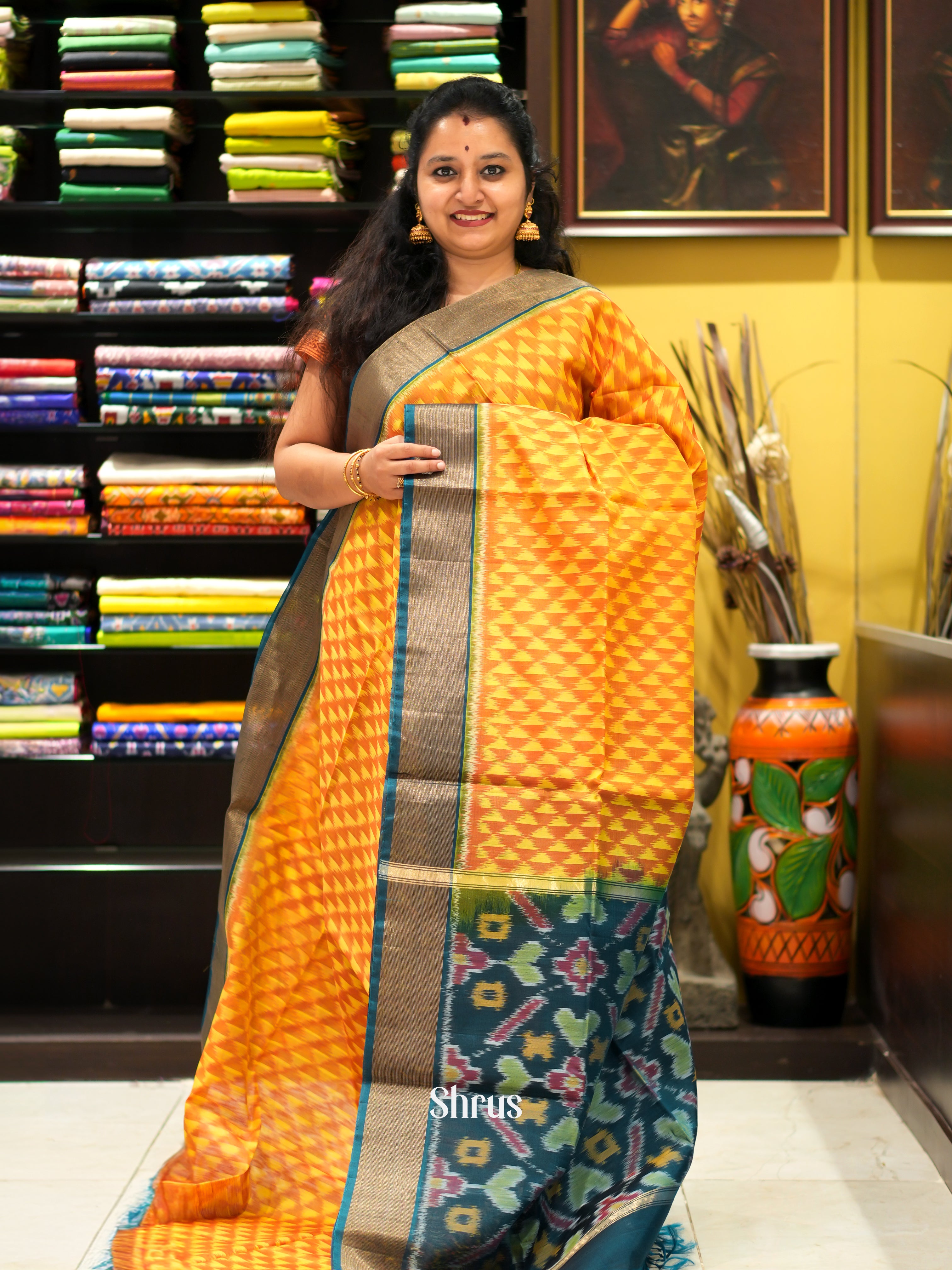 Yellow & Green - Pochampally sico saree - Shop on ShrusEternity.com