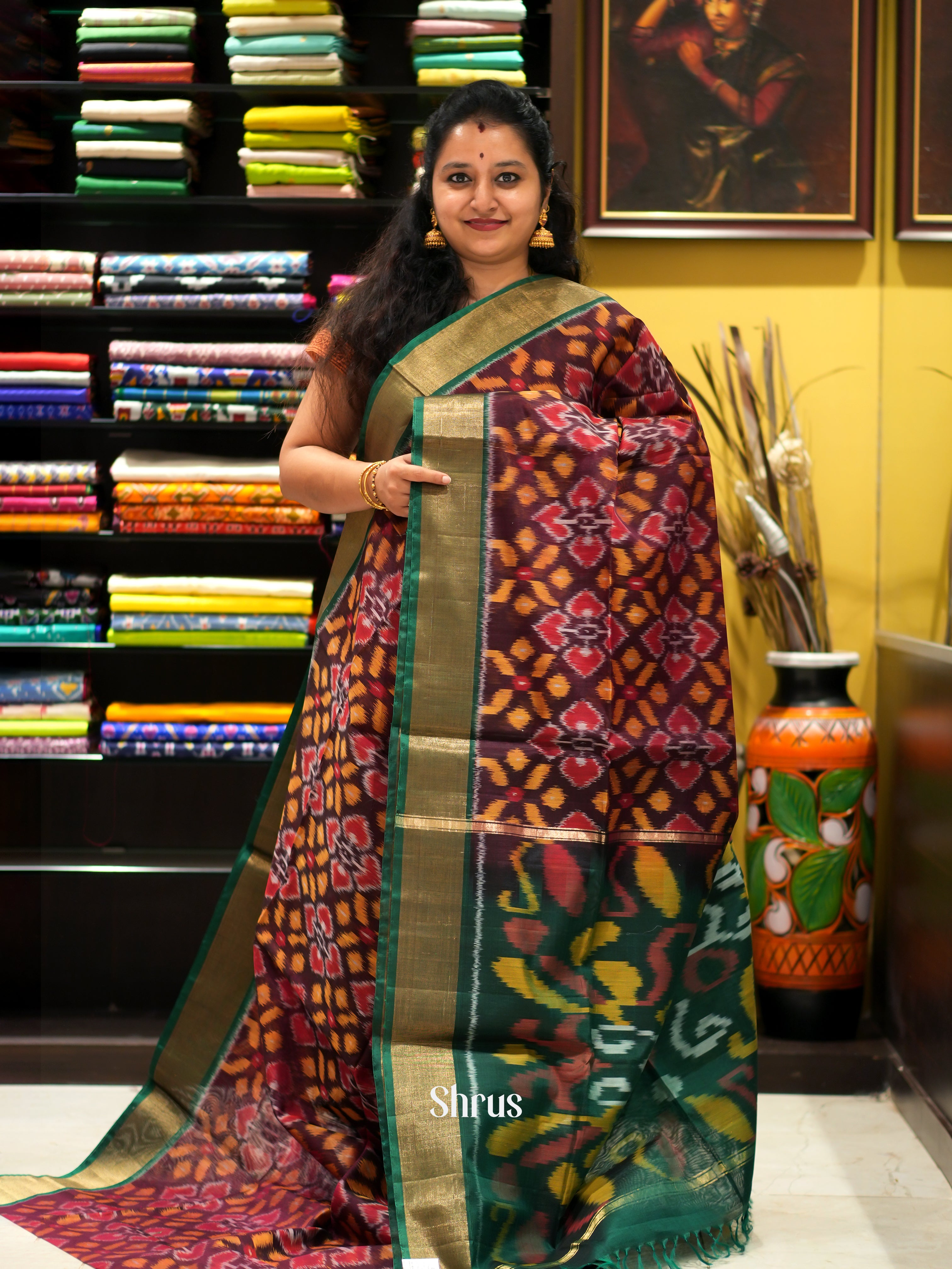 Brown & Green - Pochampally sico saree - Shop on ShrusEternity.com