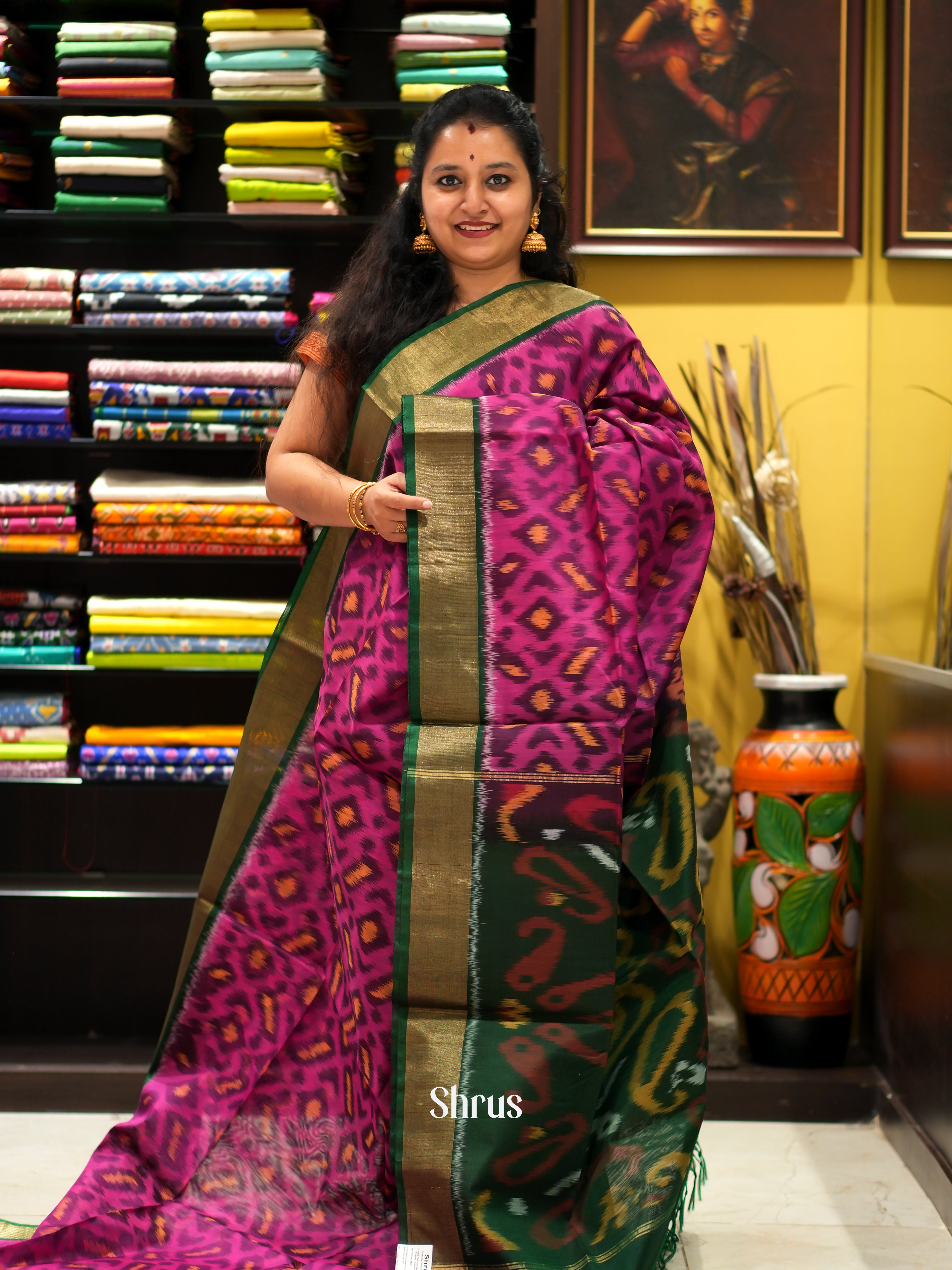 Majenta & Green - Pochampally sico saree - Shop on ShrusEternity.com