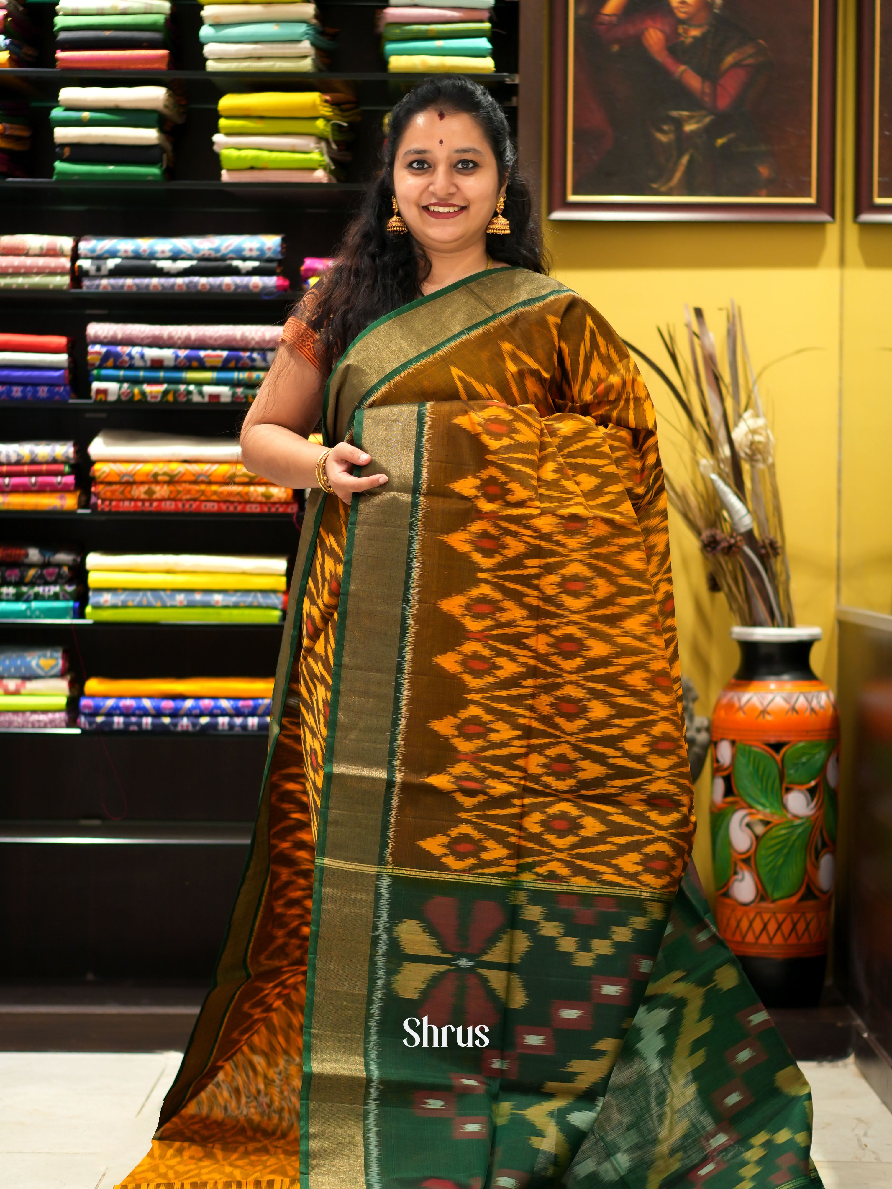 Brown& Green - Pochampally sico saree - Shop on ShrusEternity.com