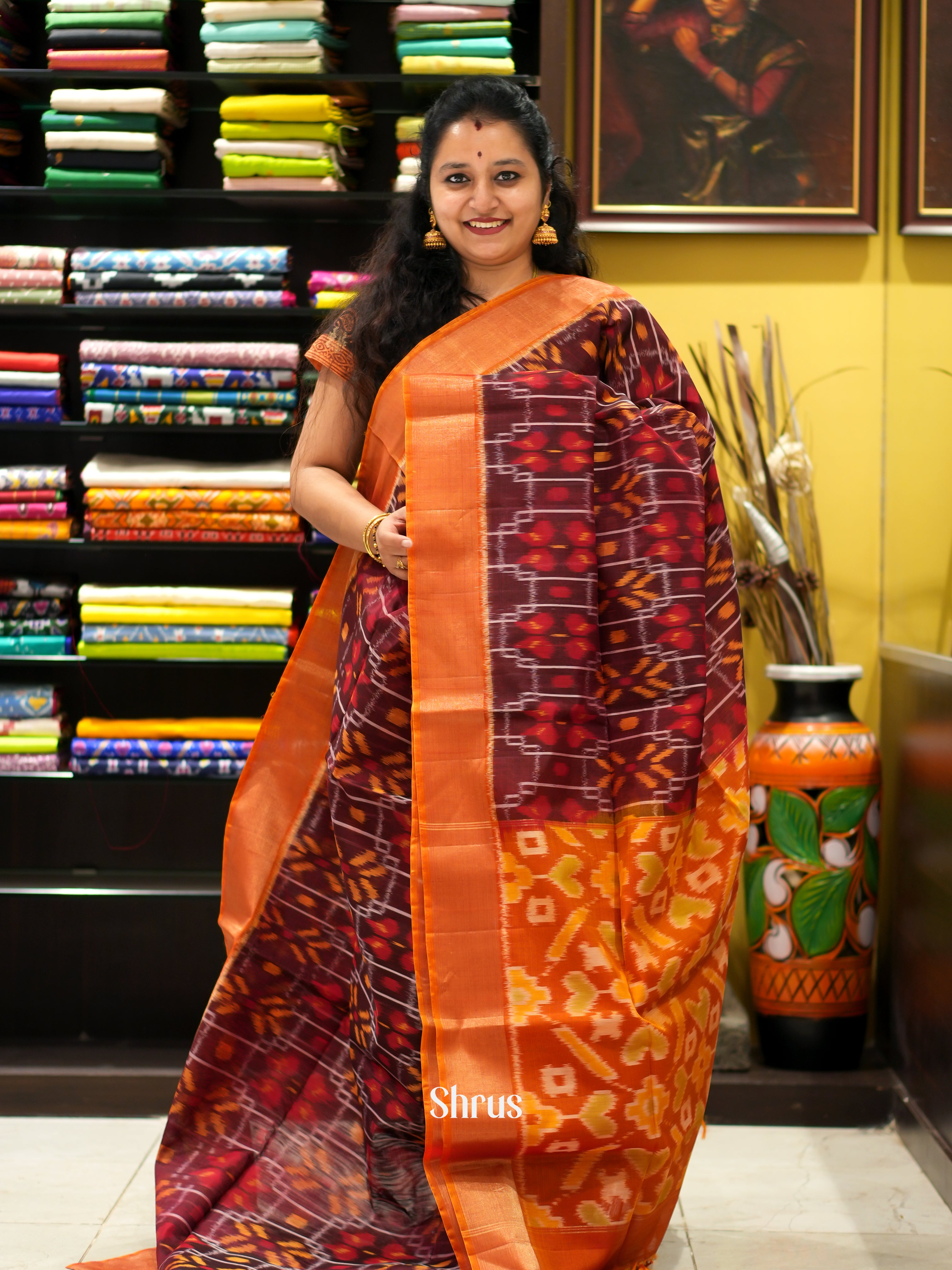Maroon & Orange - Pochampally sico saree - Shop on ShrusEternity.com
