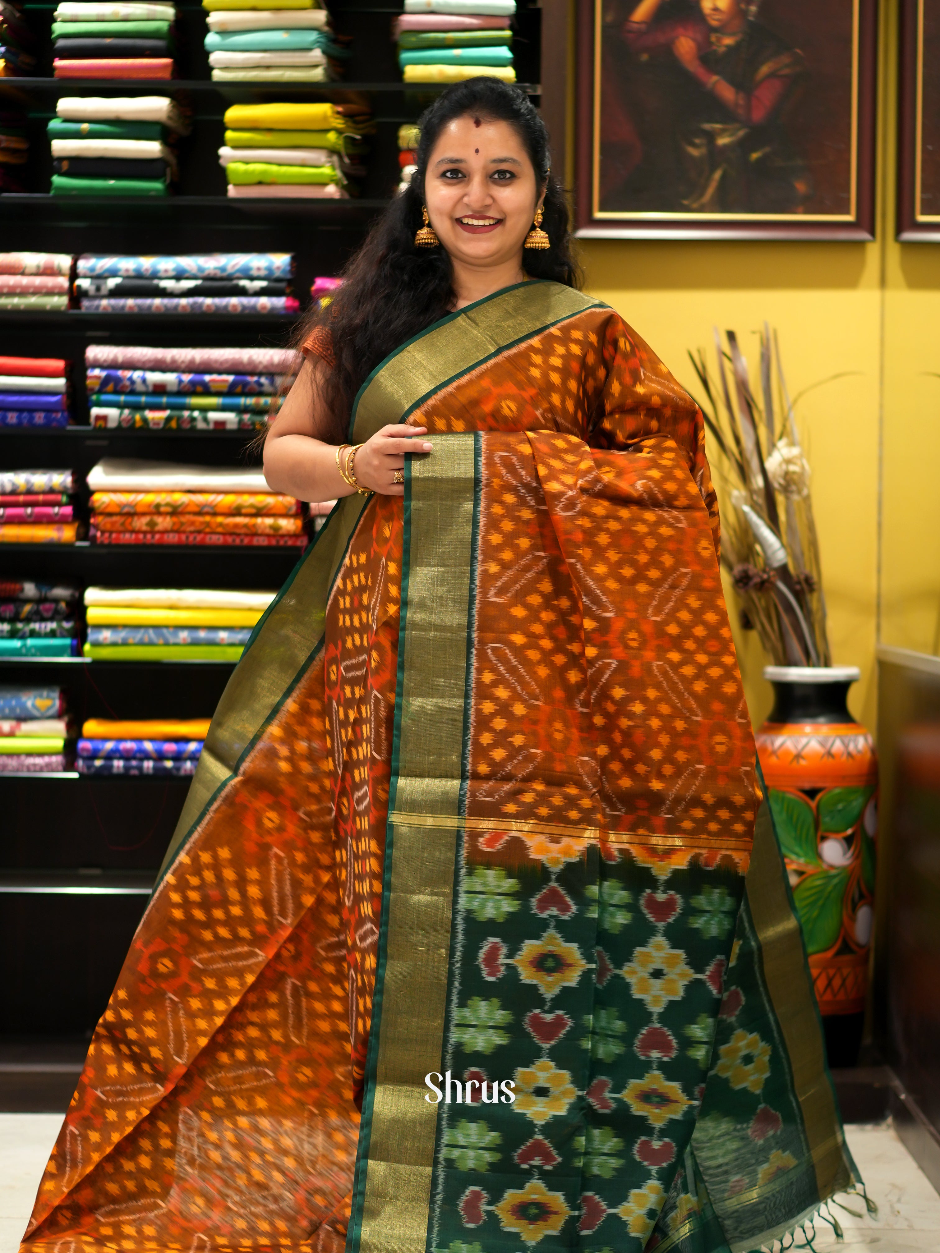 Brown & Green - Pochampally sico saree - Shop on ShrusEternity.com