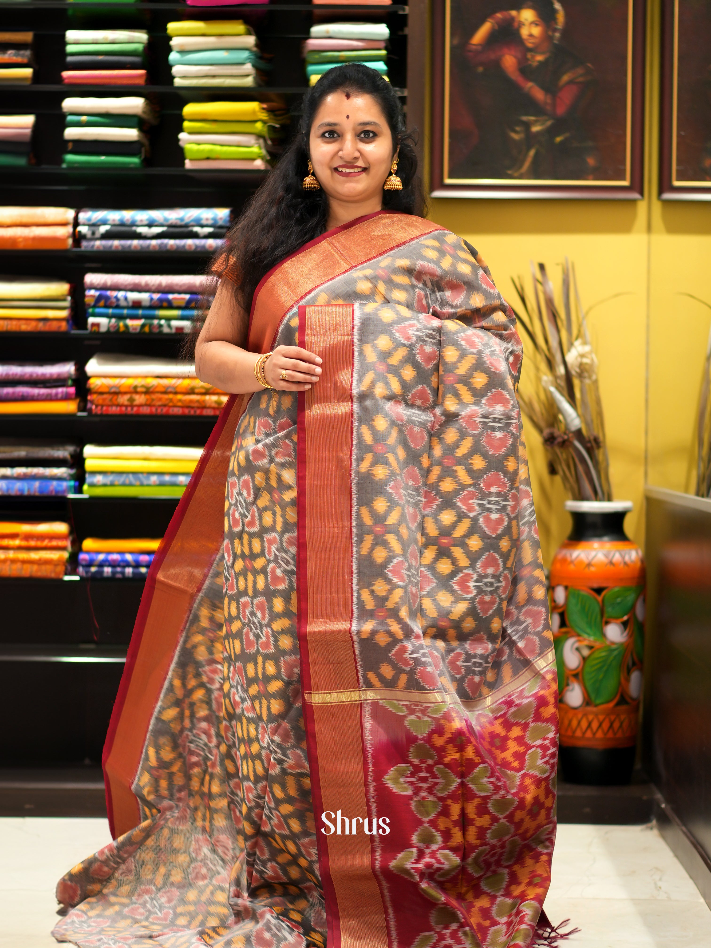 Grey & Red - Pochampally sico saree - Shop on ShrusEternity.com