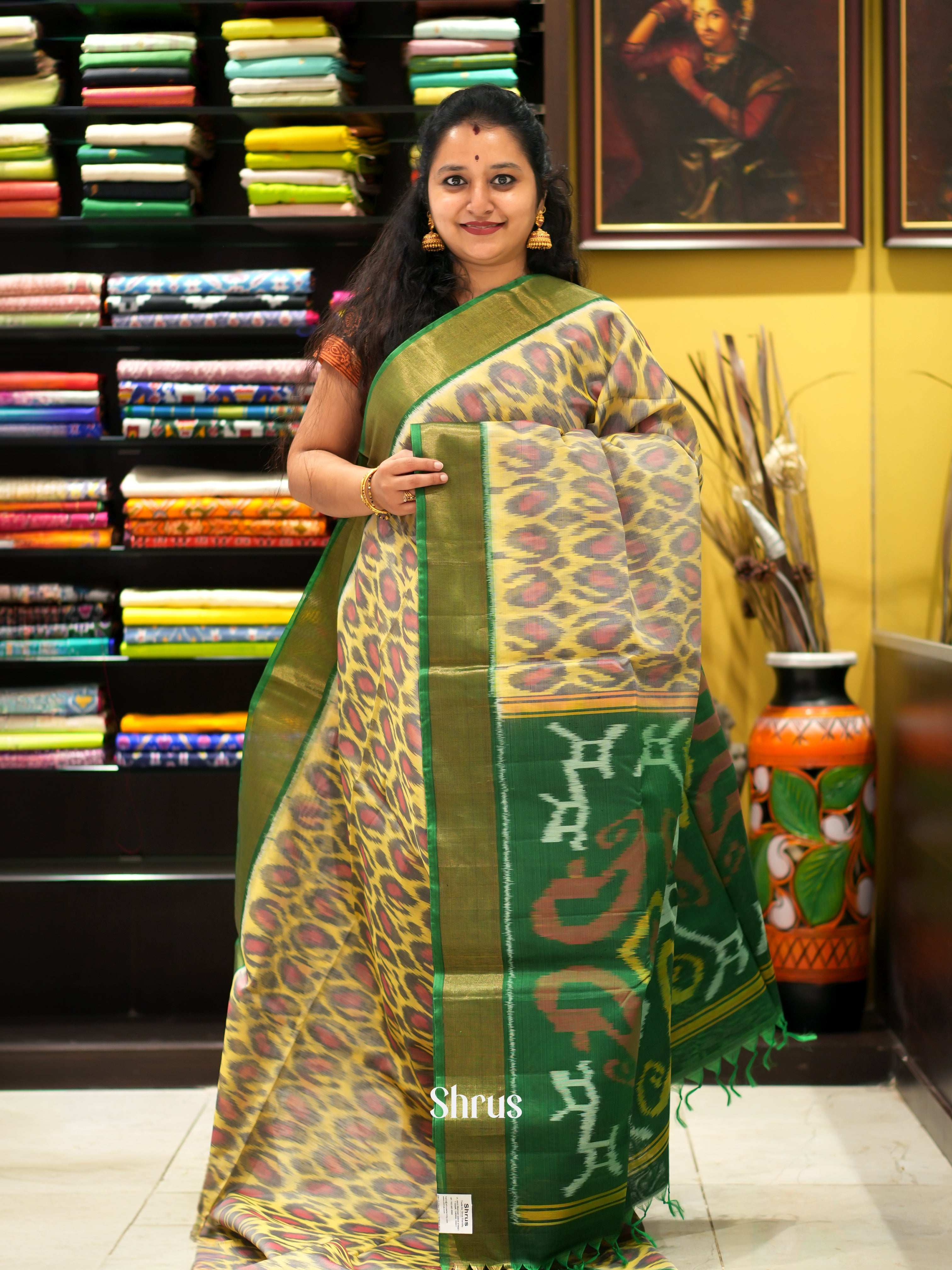 Light Yellow & Green - Pochampally sico saree - Shop on ShrusEternity.com