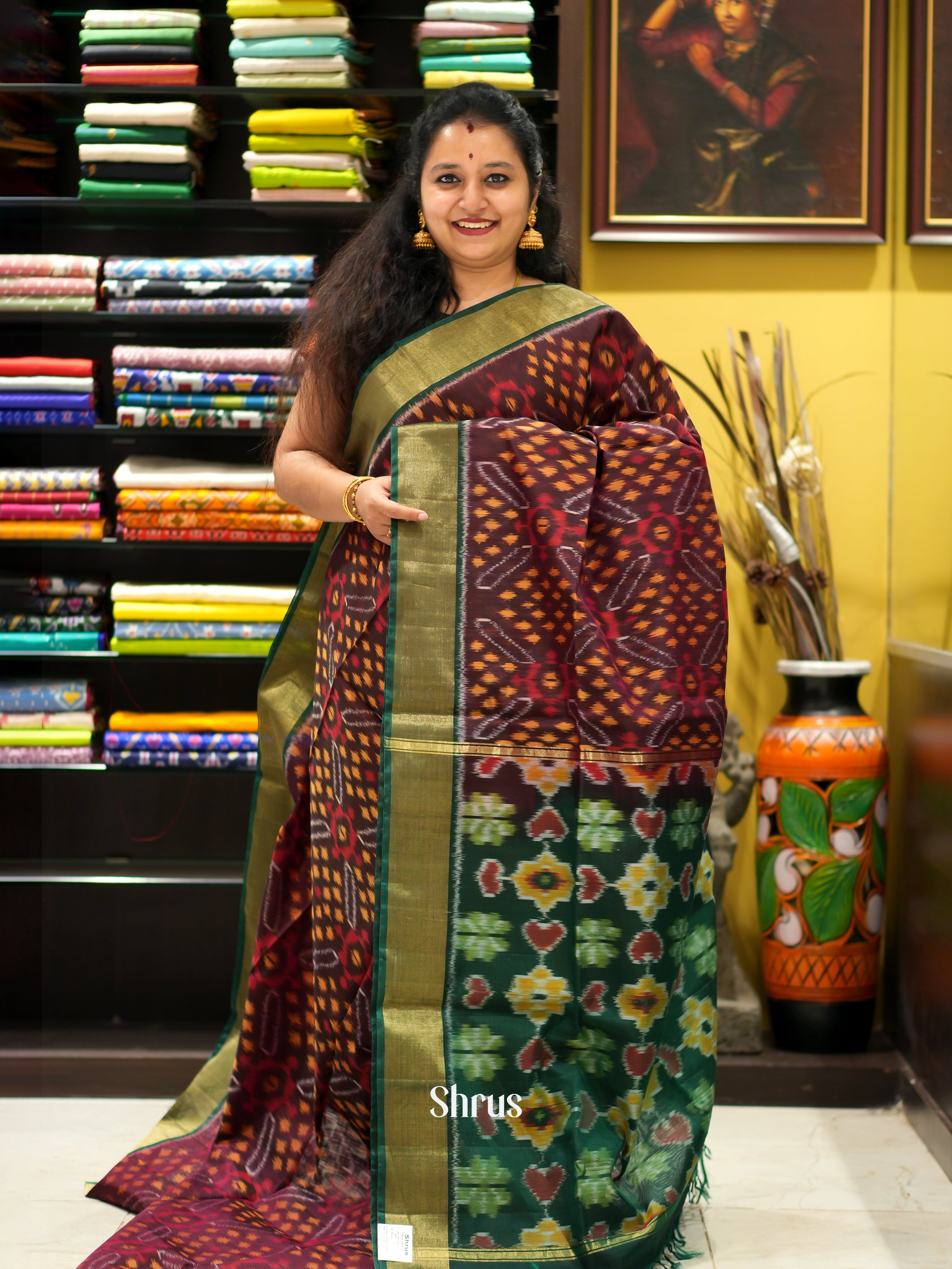 Brown & Green - Pochampally sico saree - Shop on ShrusEternity.com