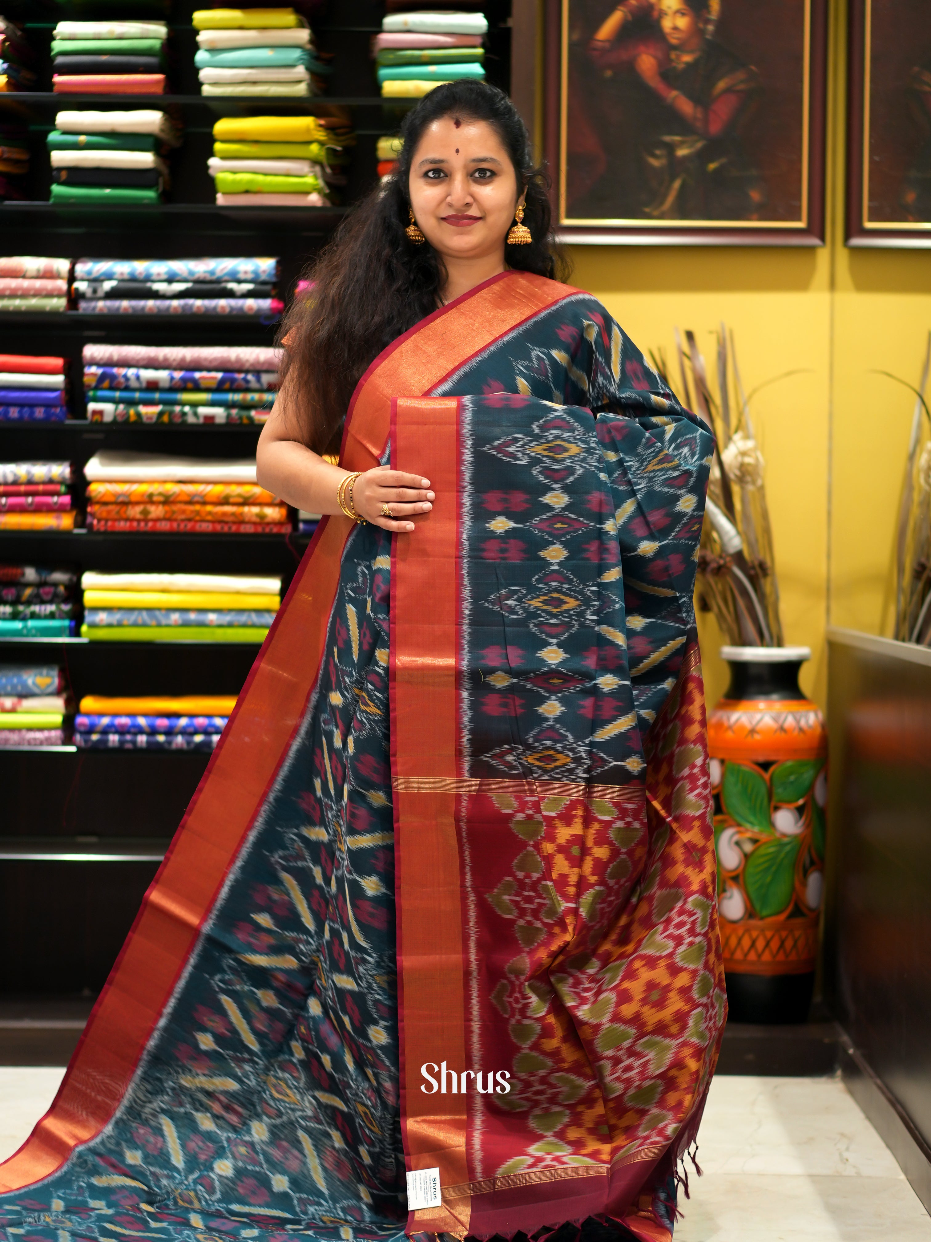 Peacock Blue & Maroon - Pochampally sico saree - Shop on ShrusEternity.com