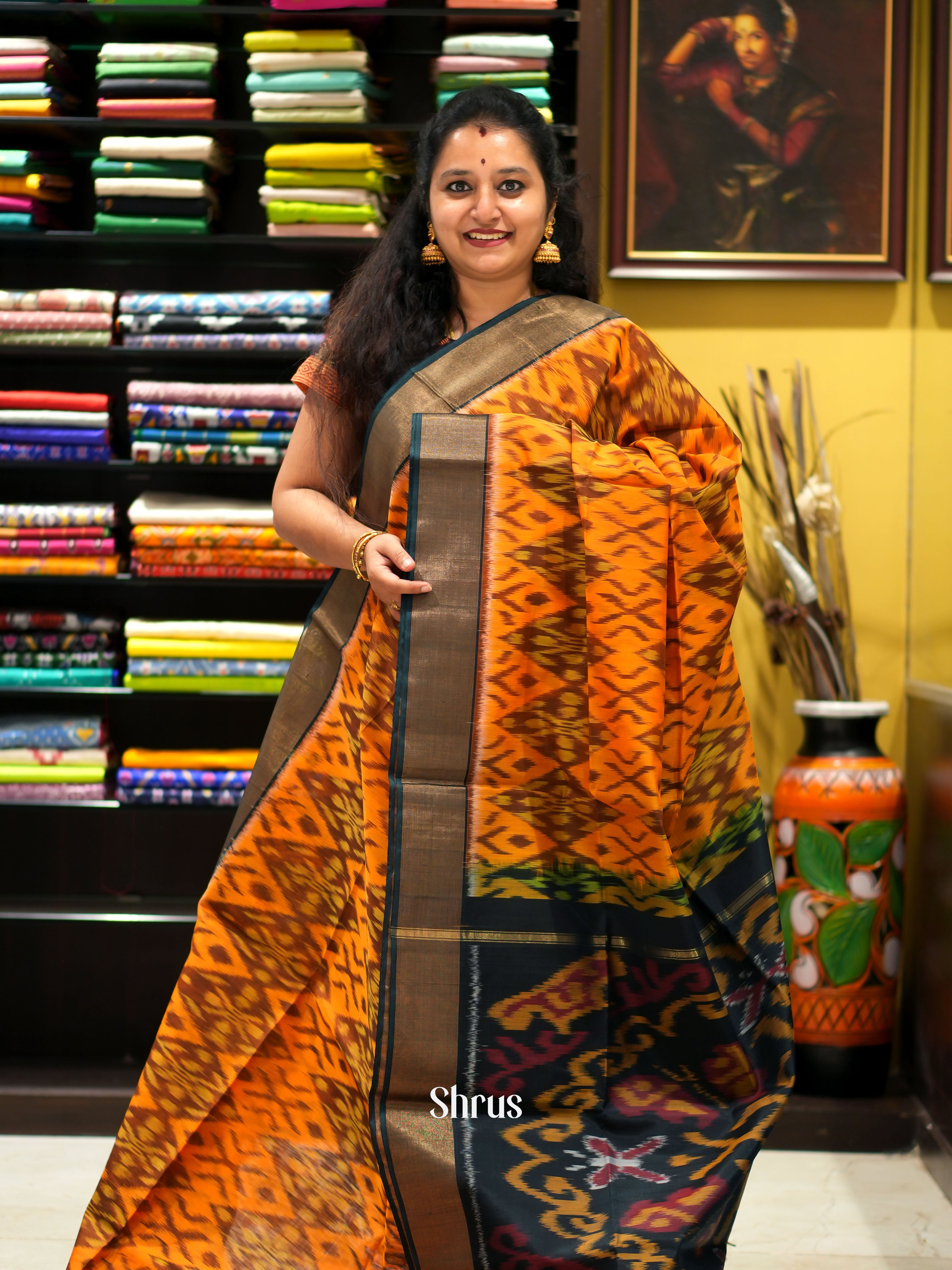 Mustard & Green- Pochampally sico saree - Shop on ShrusEternity.com