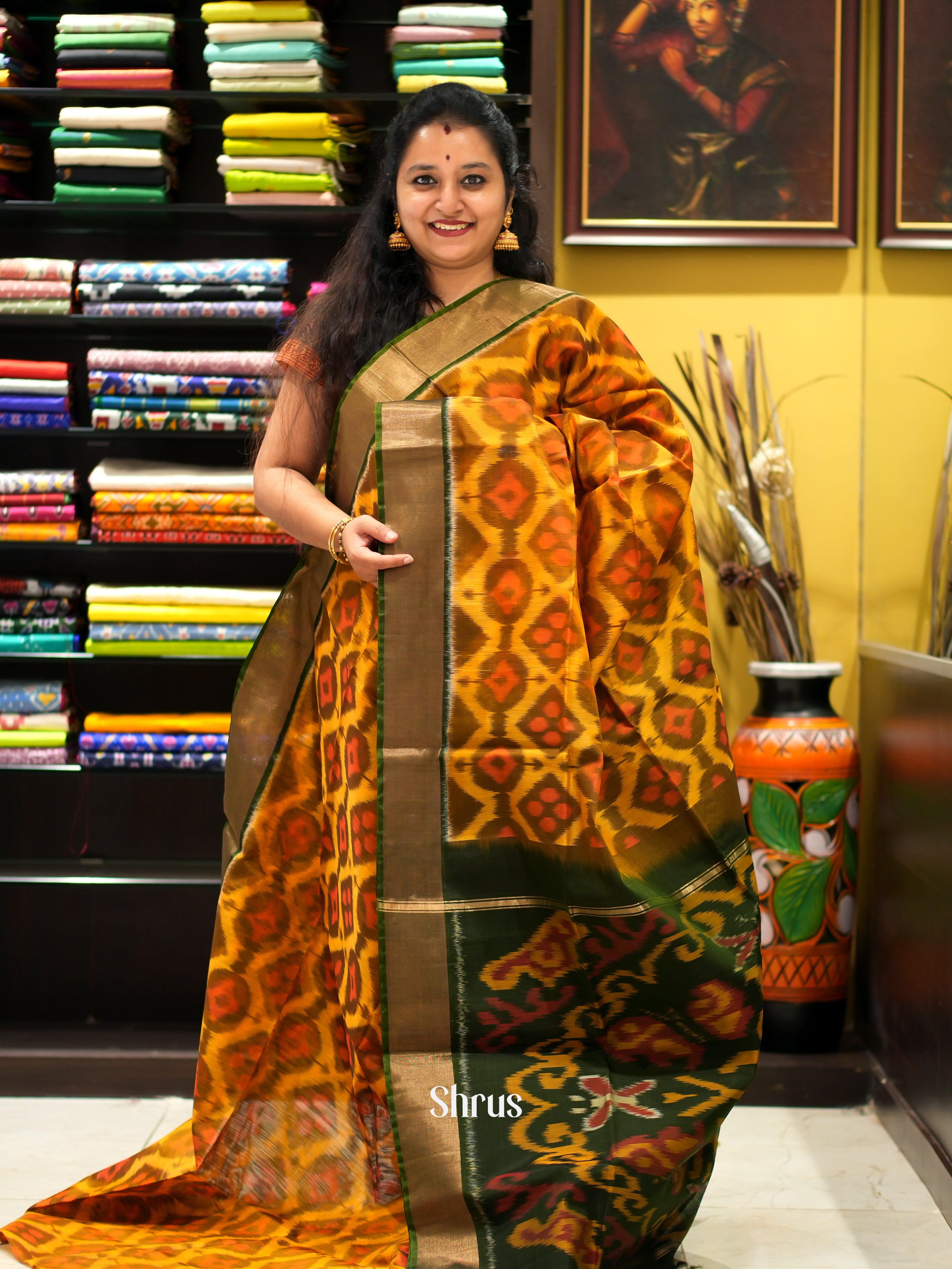 Mustard & Green - Pochampally sico saree - Shop on ShrusEternity.com