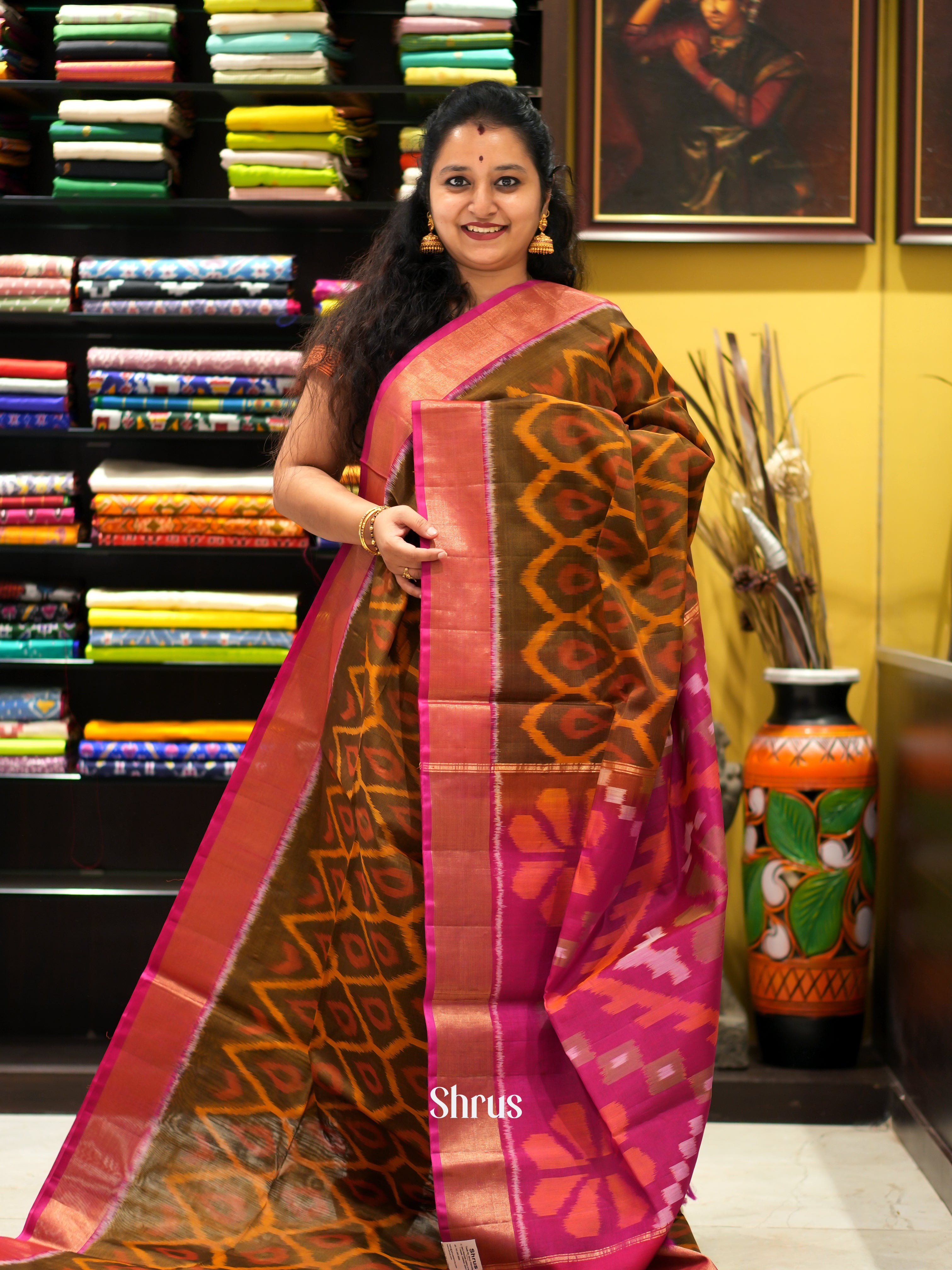 Brown & Pink - Pochampally sico saree - Shop on ShrusEternity.com