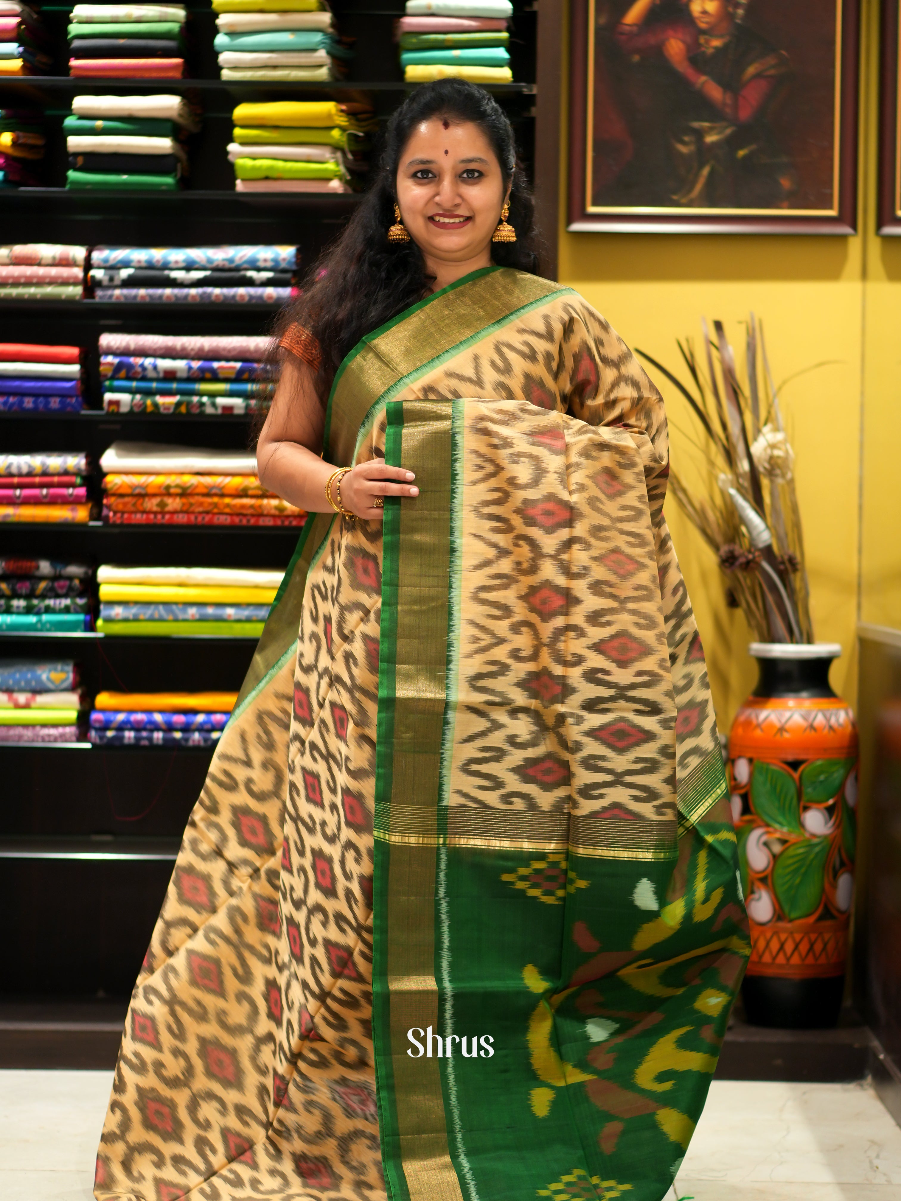 Cream & Green - Pochampally sico saree - Shop on ShrusEternity.com