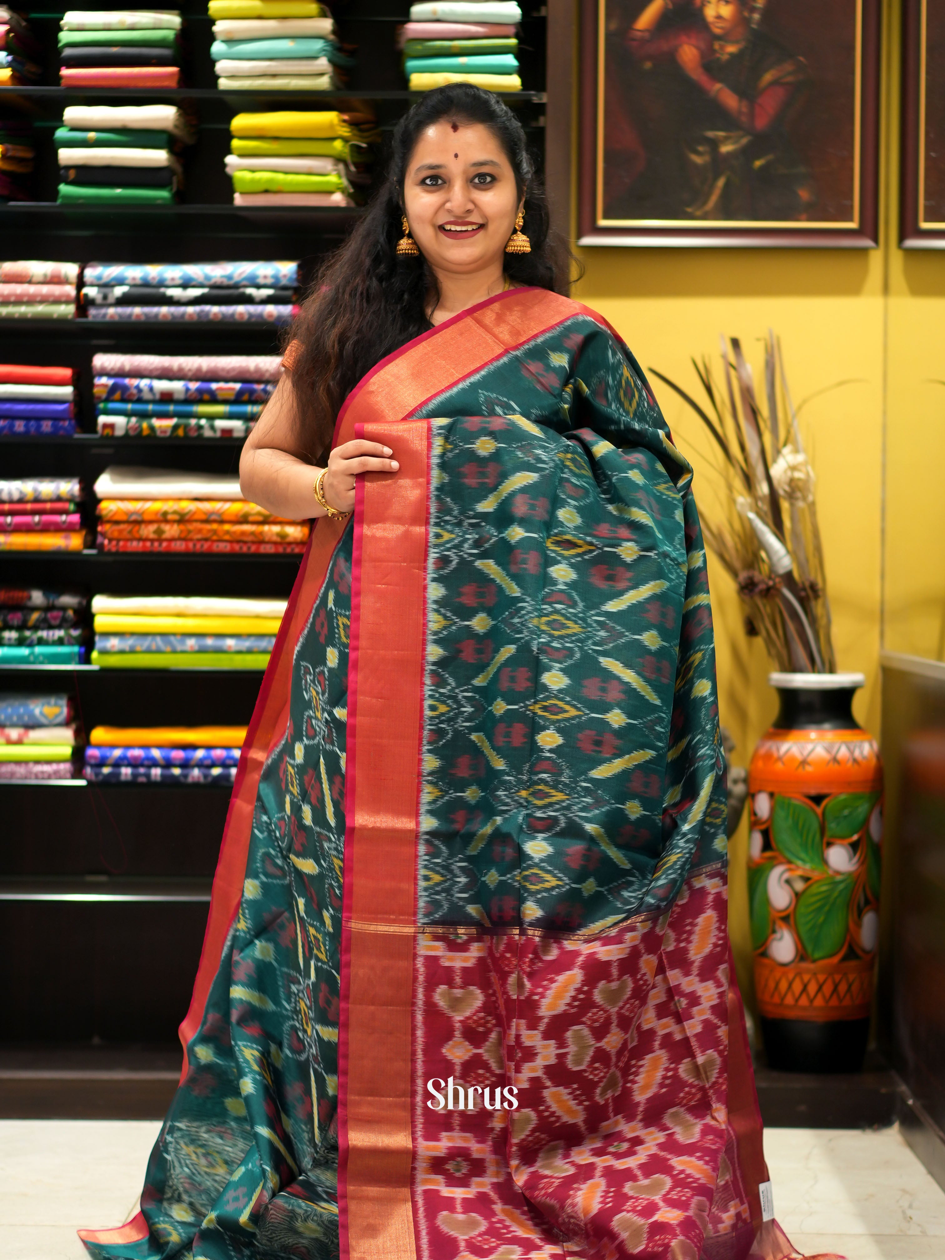 Peacock Green & Maroon- Pochampally sico saree - Shop on ShrusEternity.com
