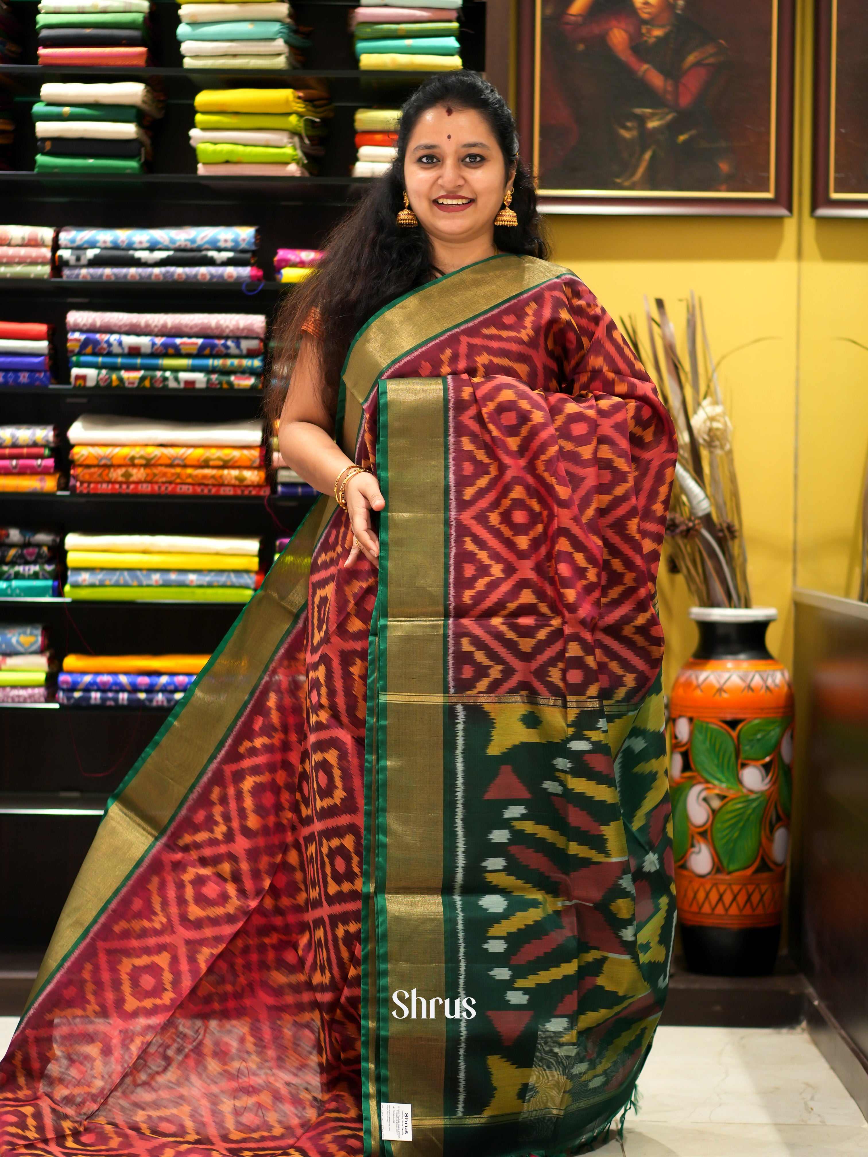 Maroon & Green - Pochampally sico saree - Shop on ShrusEternity.com