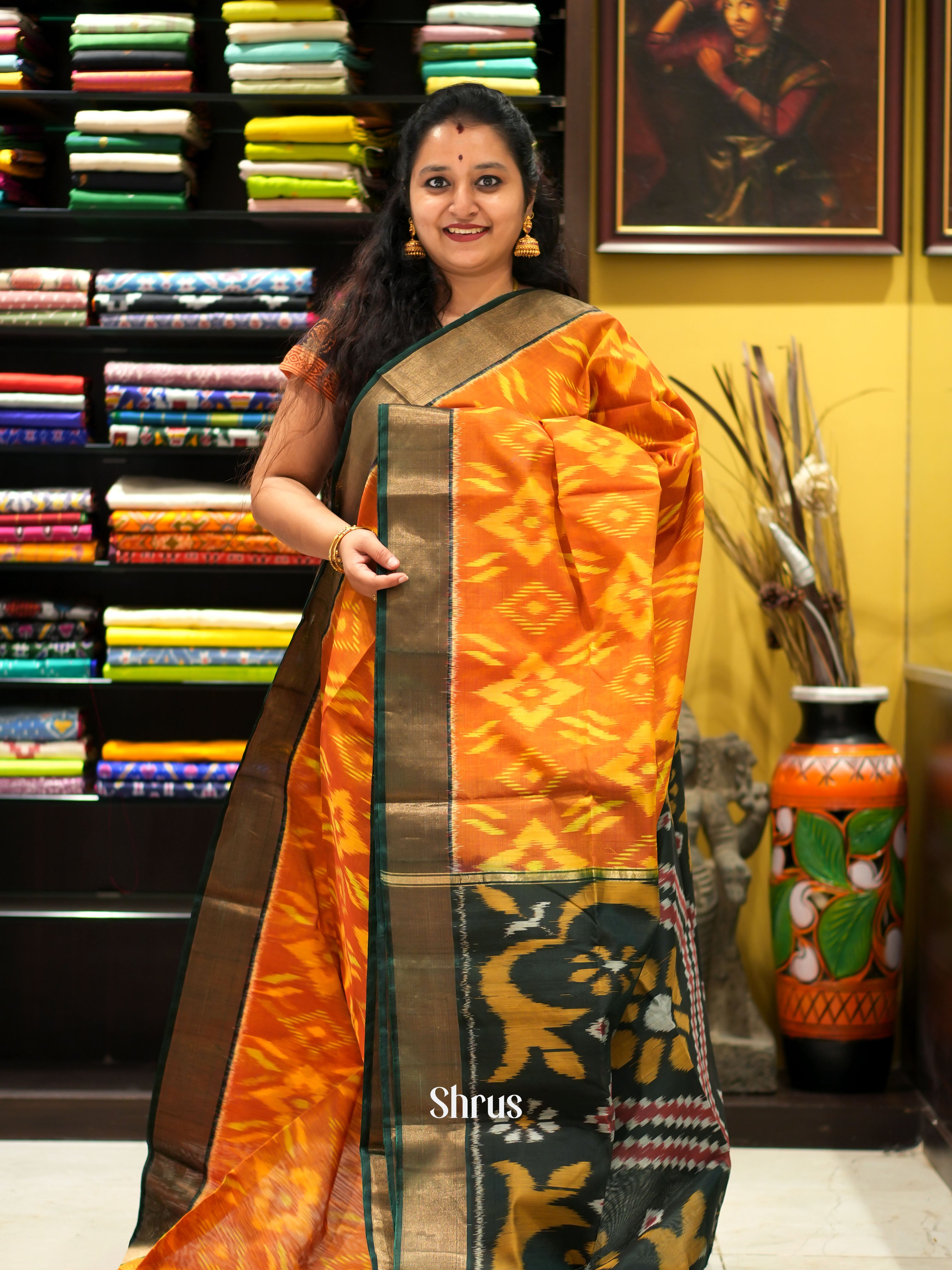 Orange & Green - Pochampally sico saree - Shop on ShrusEternity.com