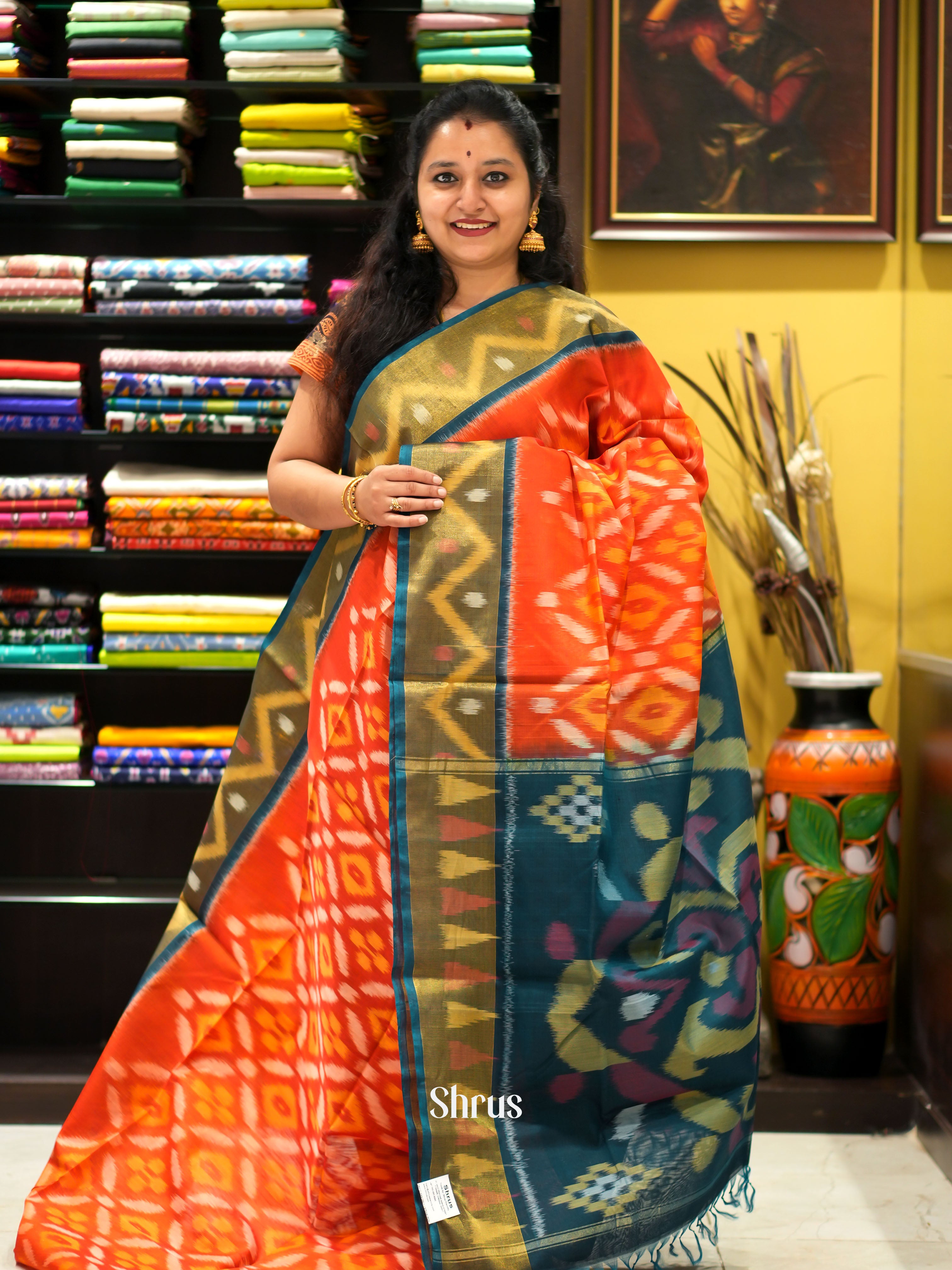 Orange & Peacock Green - Pochampally sico saree - Shop on ShrusEternity.com