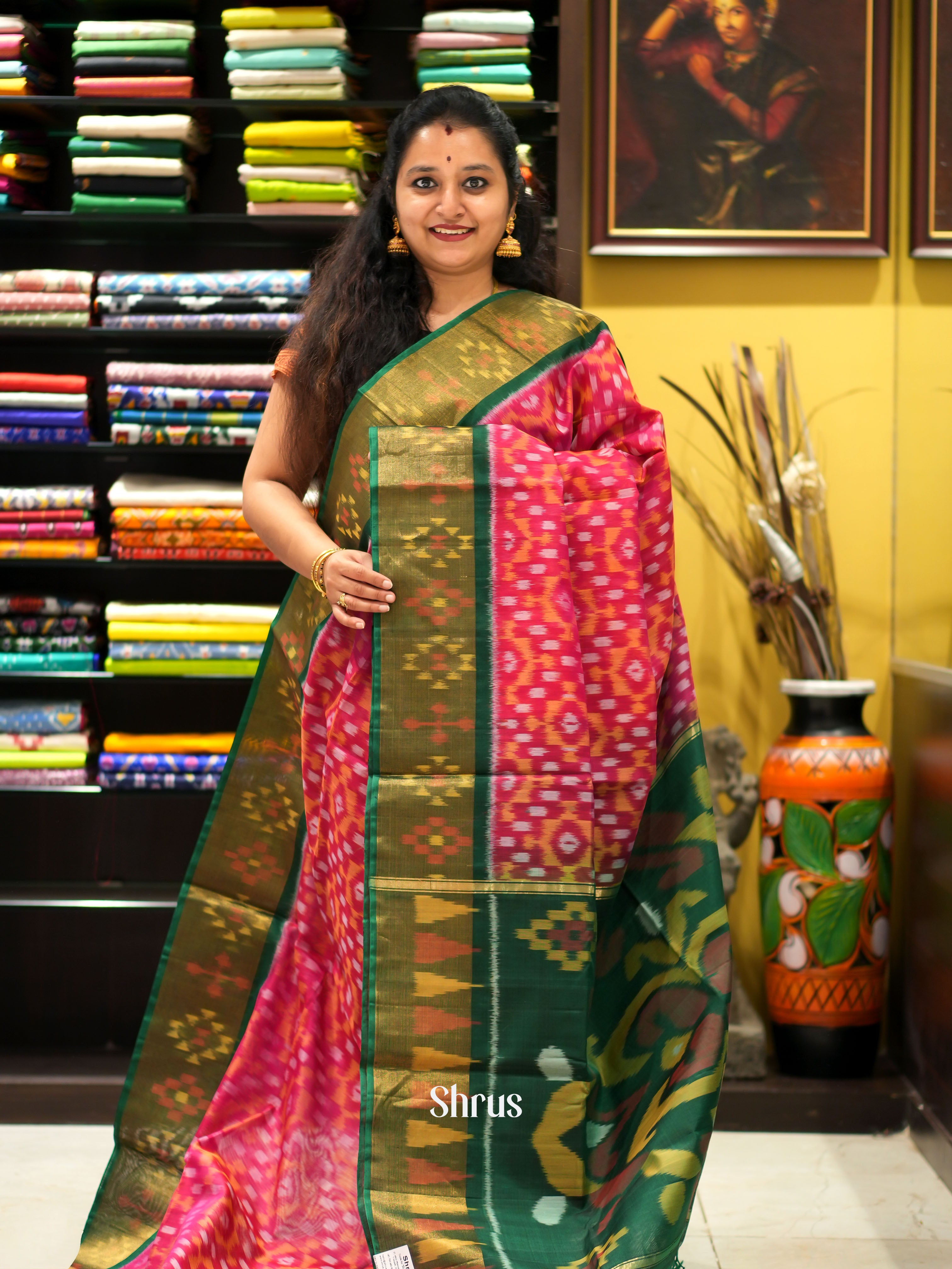 Pink & Green - Pochampally sico saree - Shop on ShrusEternity.com