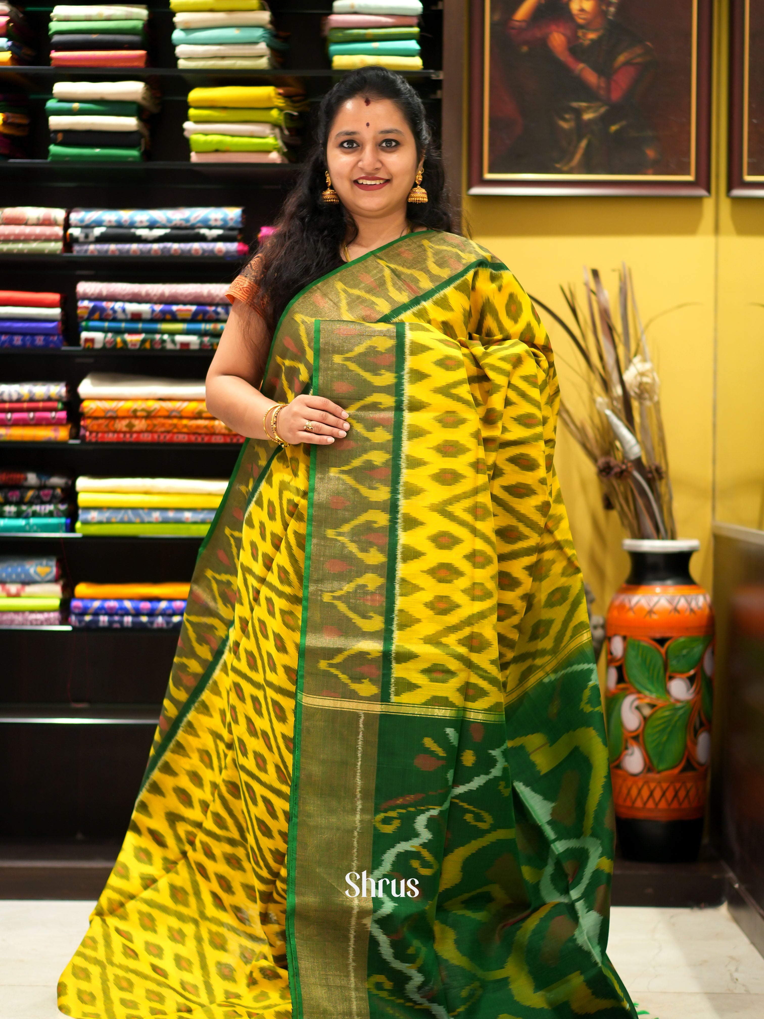 Yellow & Green - Pochampally sico saree - Shop on ShrusEternity.com