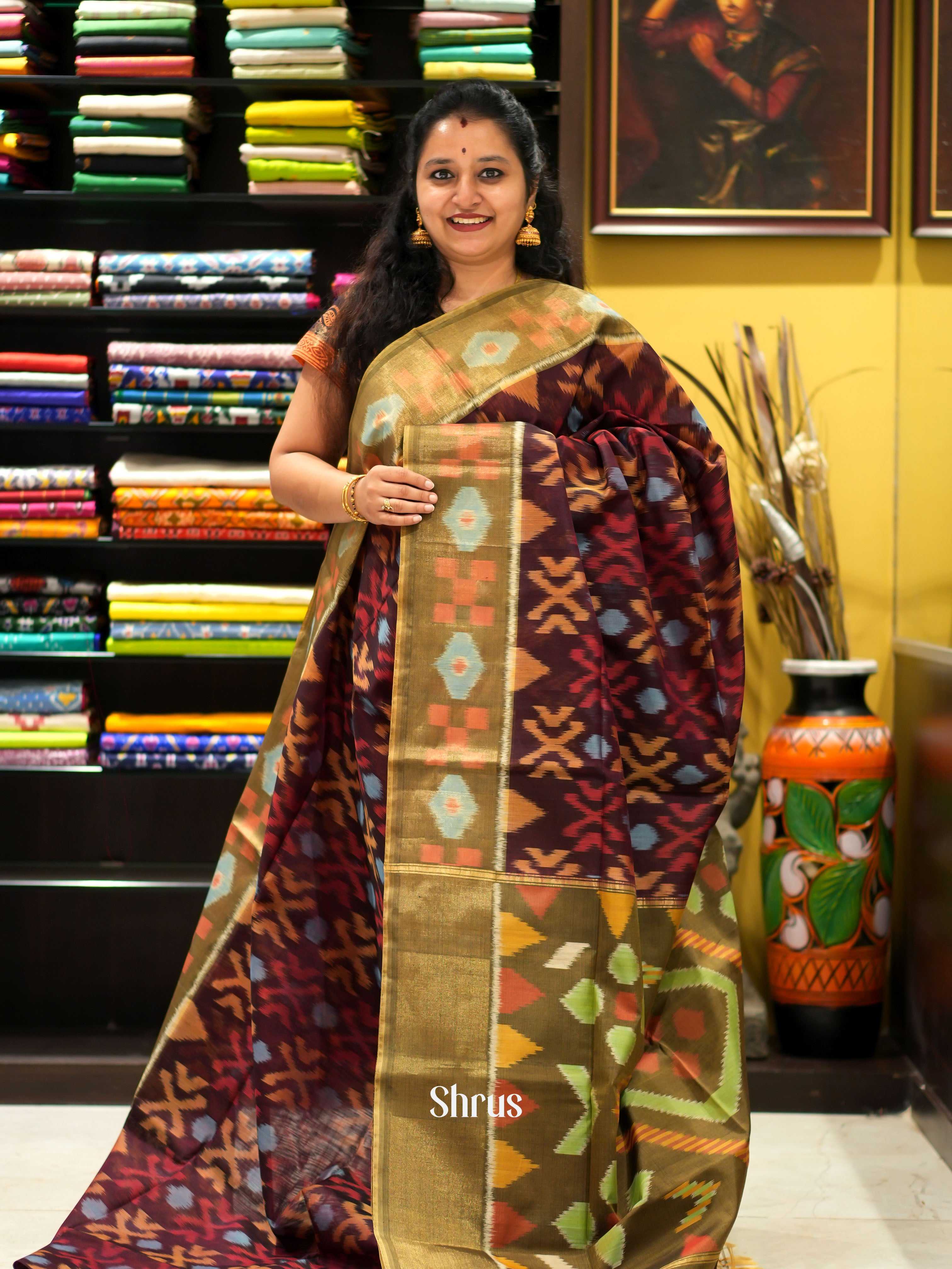 Brown & Mehandi Green - Pochampally sico saree - Shop on ShrusEternity.com