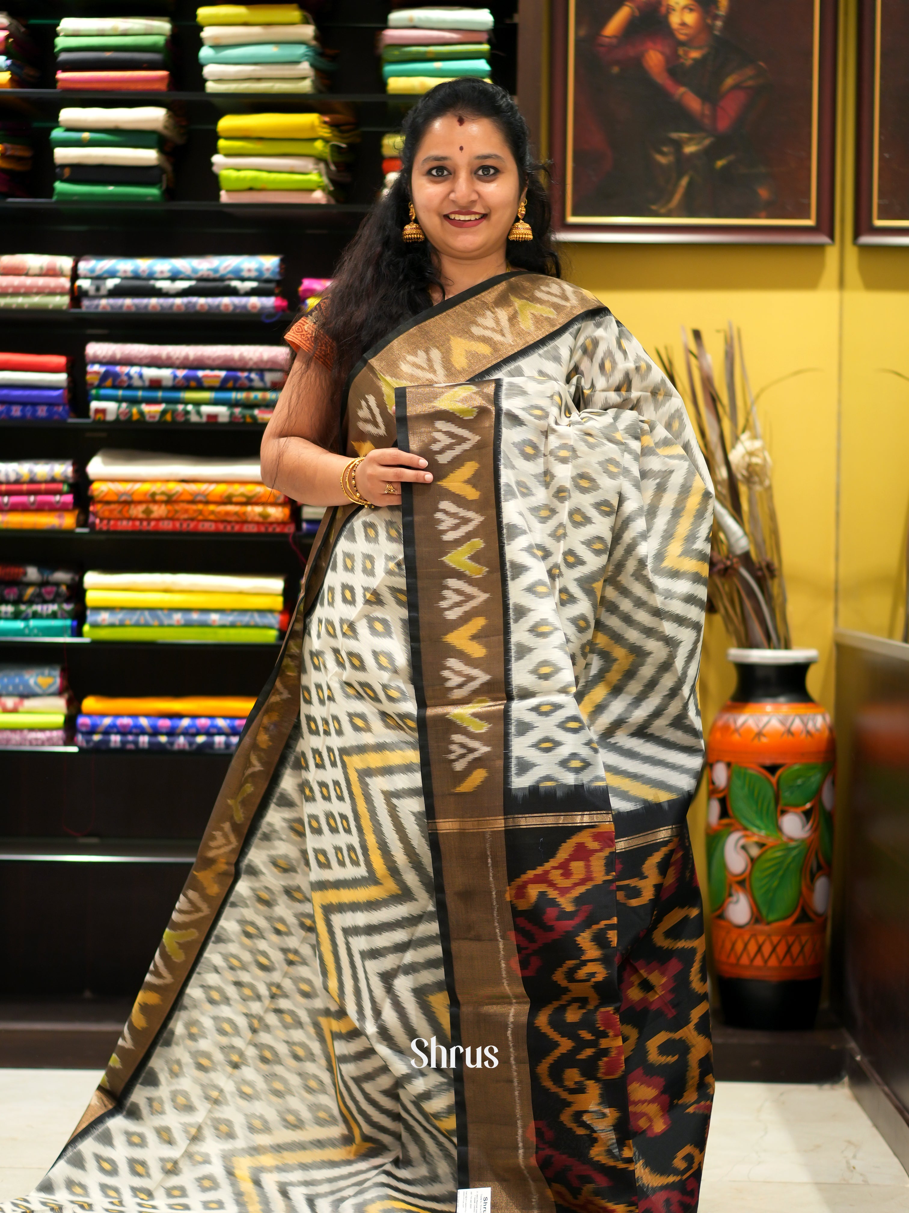 Cream & Black- Pochampally sico saree - Shop on ShrusEternity.com
