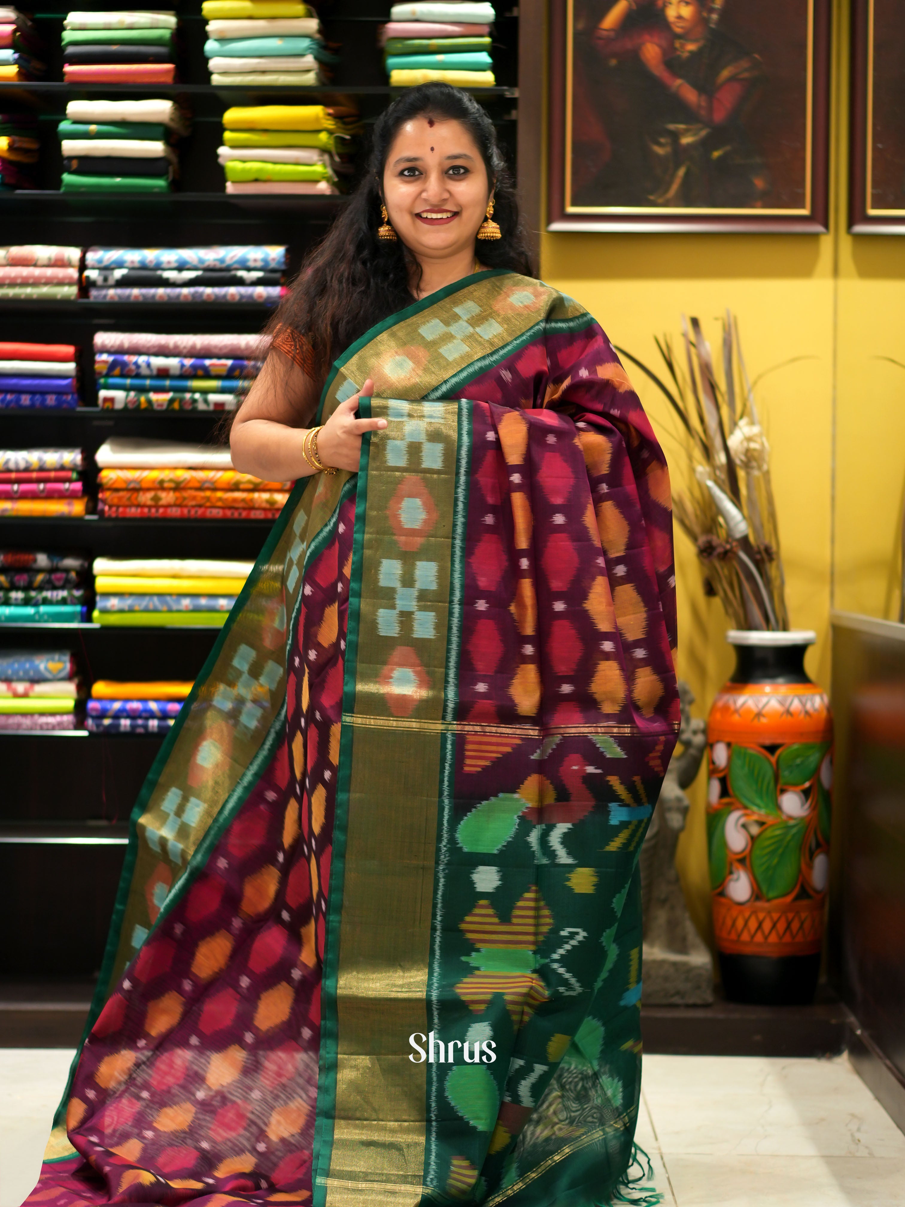 Brown & Green - Pochampally sico saree - Shop on ShrusEternity.com