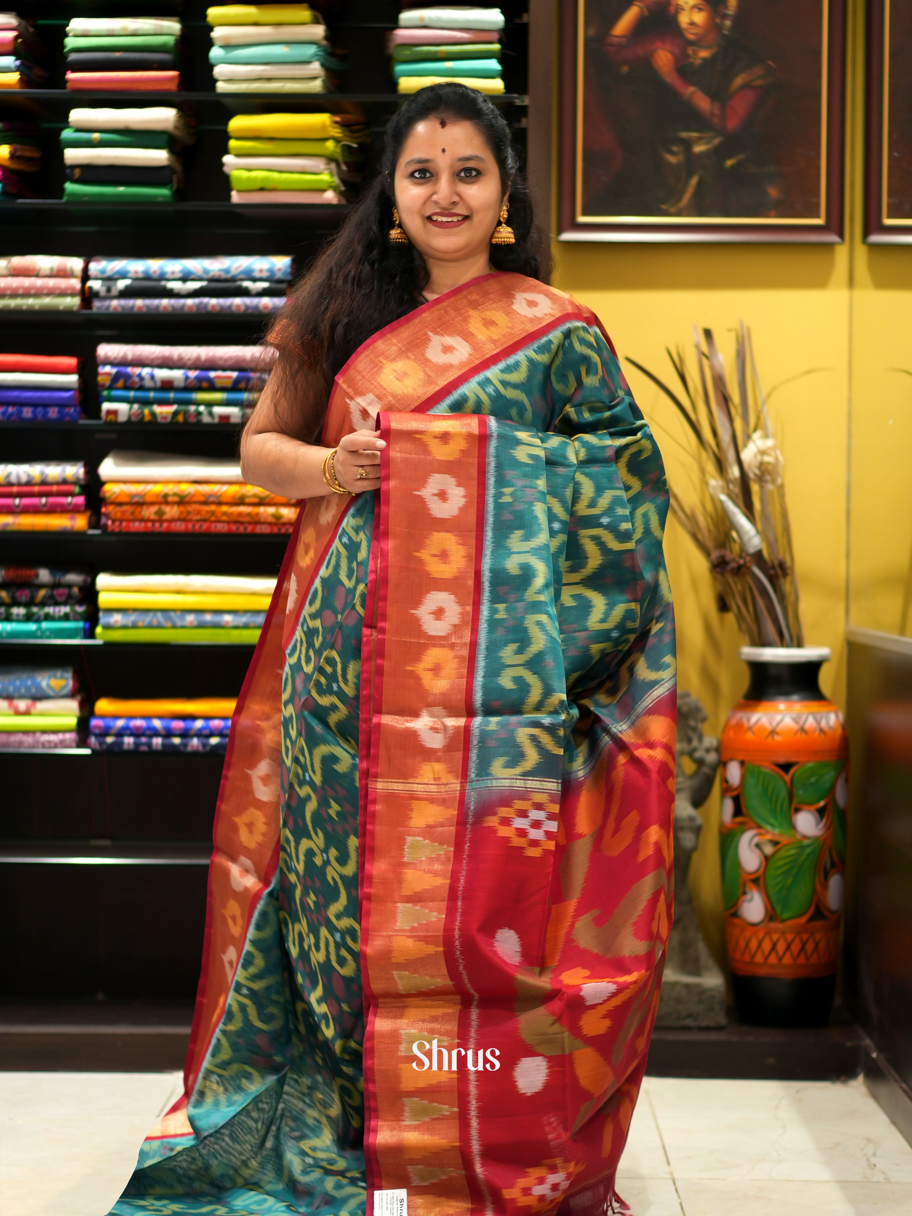Green & Red - Pochampally sico saree - Shop on ShrusEternity.com