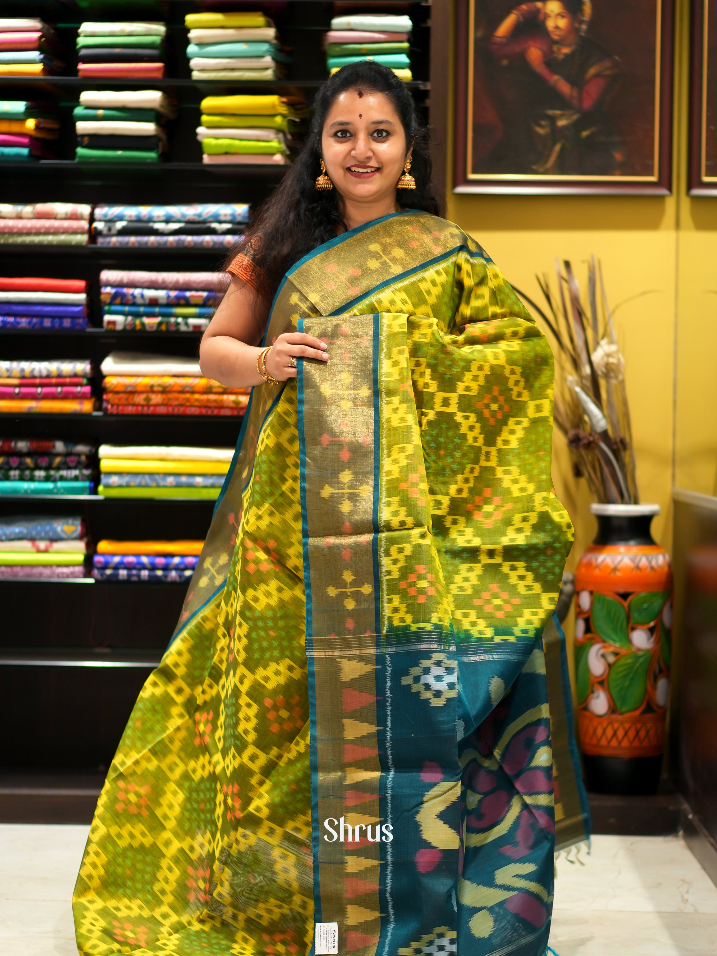 Yellow & Green - Pochampally sico saree - Shop on ShrusEternity.com