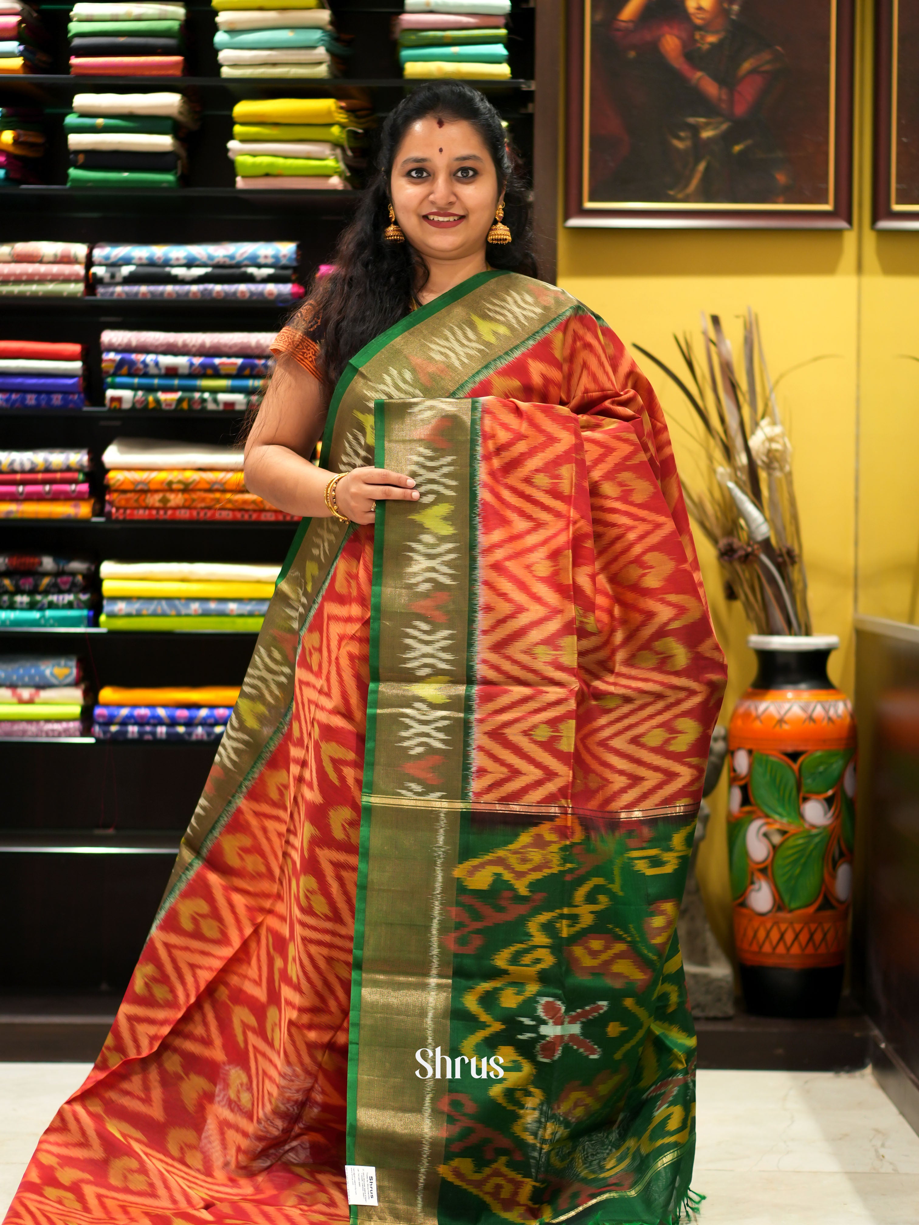 Orange & Green - Pochampally sico saree - Shop on ShrusEternity.com