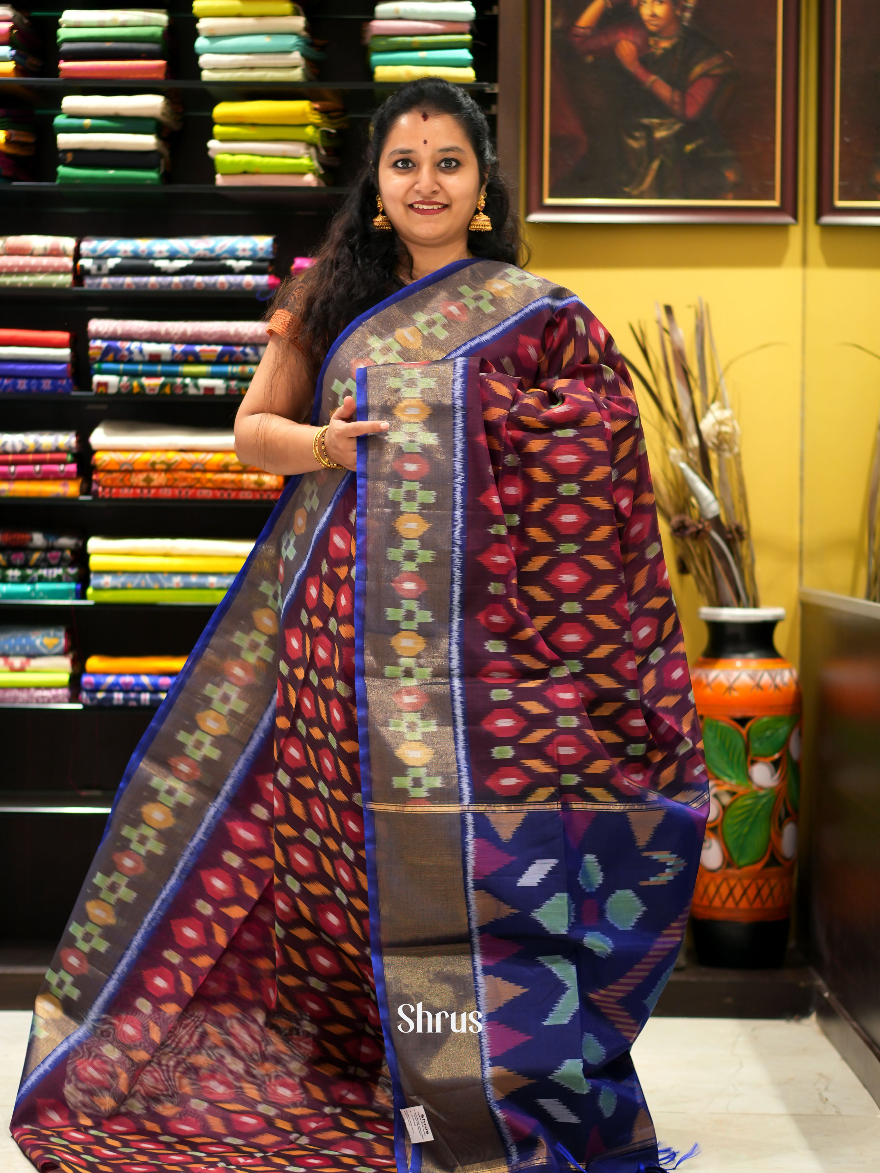 Maroon & Blue - Pochampally sico saree - Shop on ShrusEternity.com