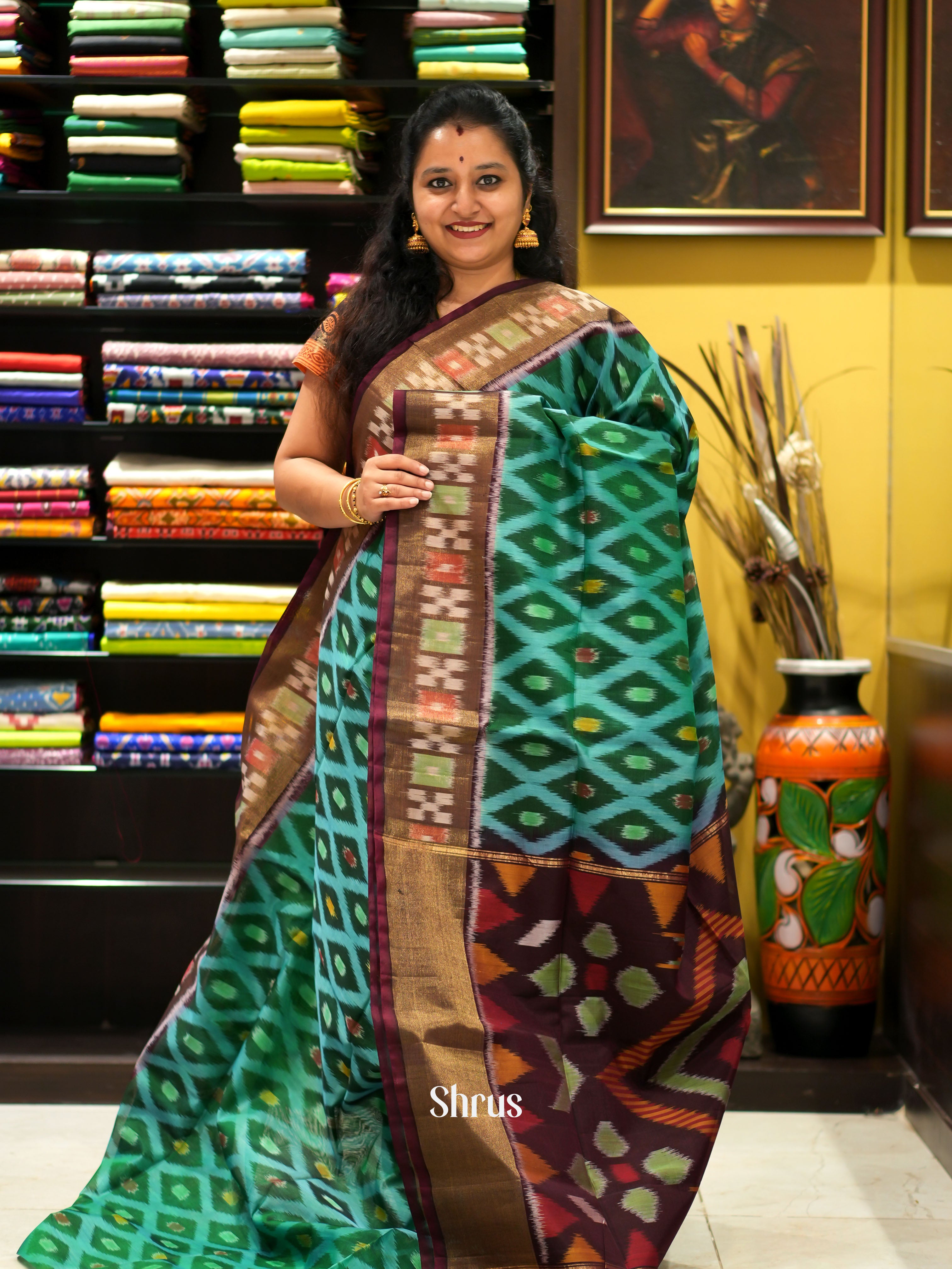 Green & Brown- Pochampally sico saree - Shop on ShrusEternity.com