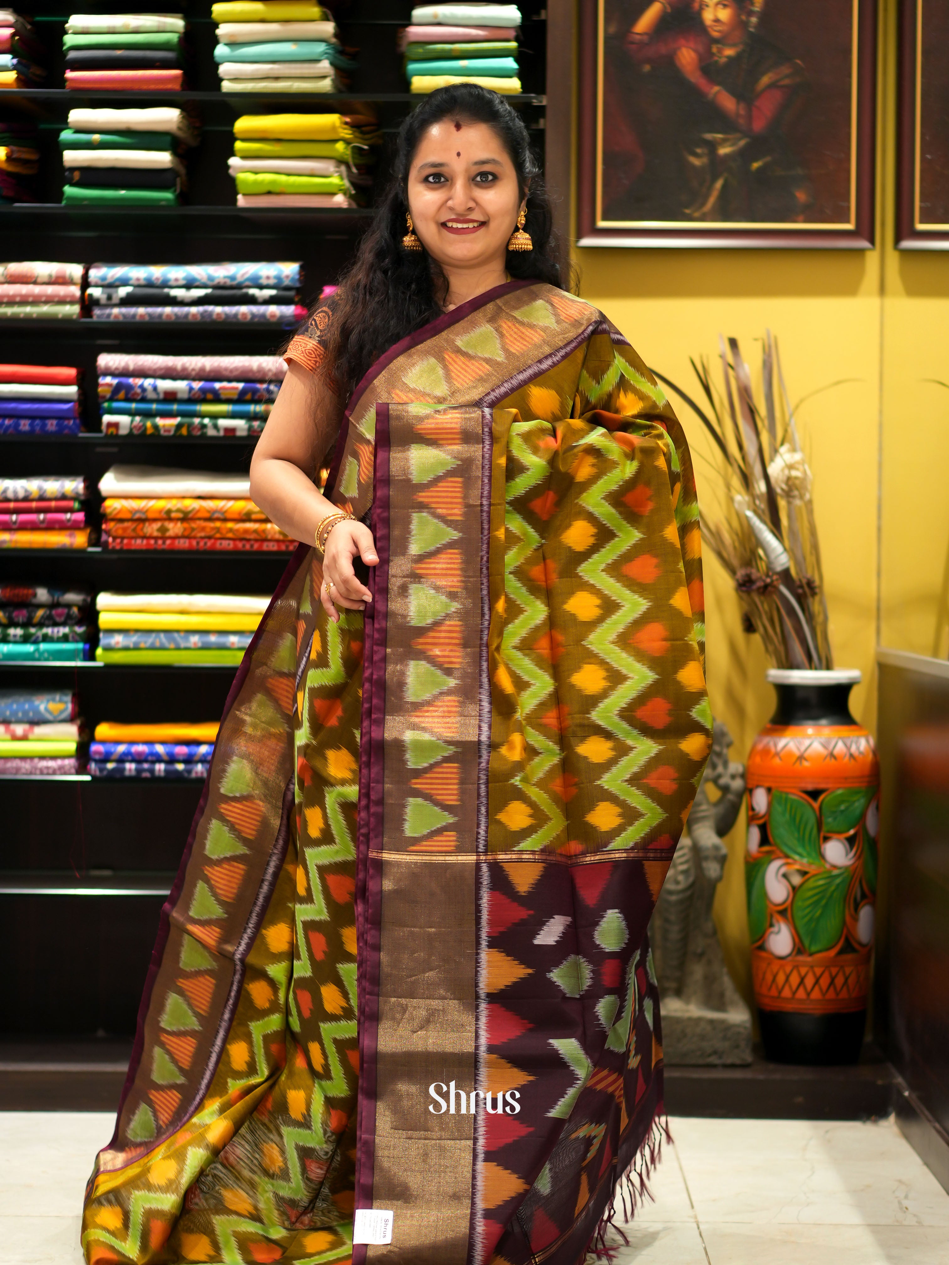 Mehandi Green & Brown - Pochampally sico saree - Shop on ShrusEternity.com