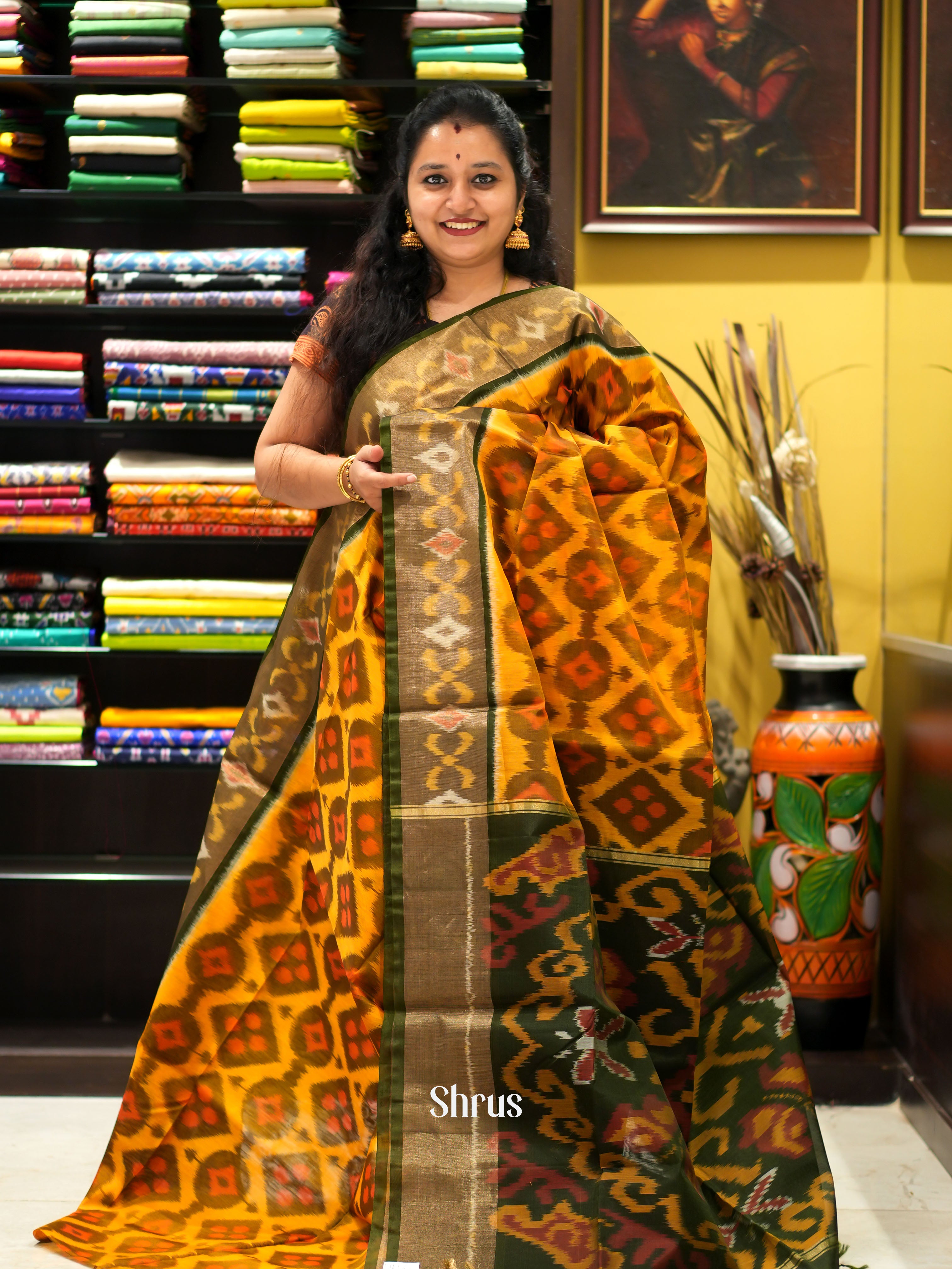 Mustard & Green - Pochampally sico saree - Shop on ShrusEternity.com