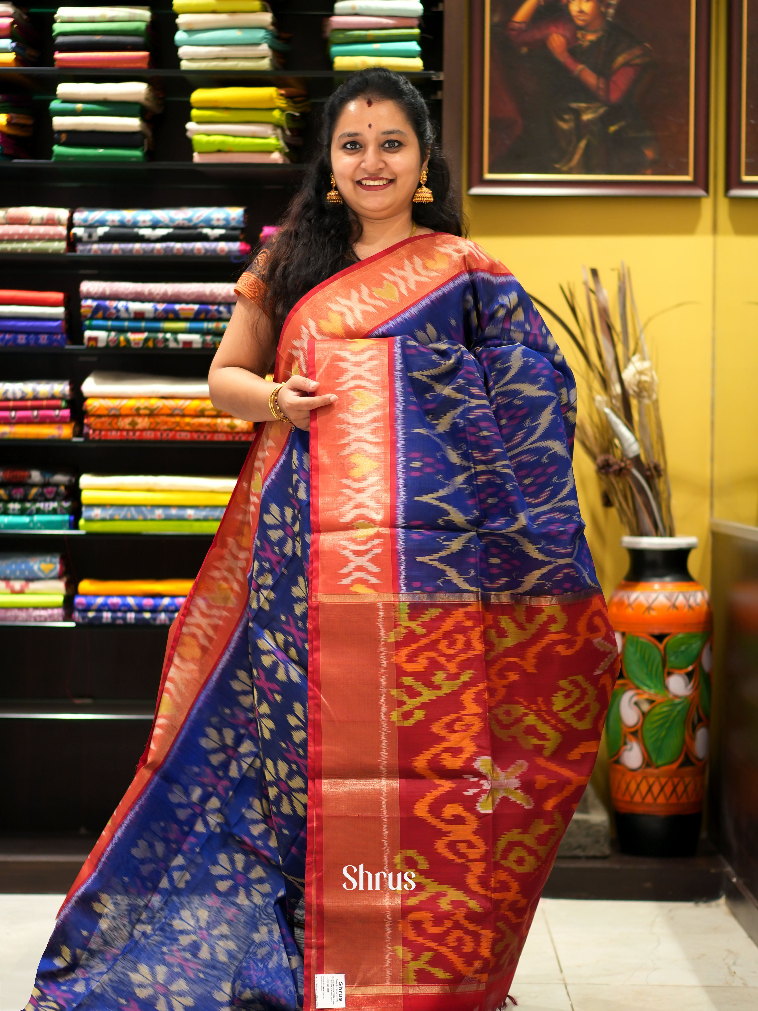 Blue & Red - Pochampally sico saree - Shop on ShrusEternity.com