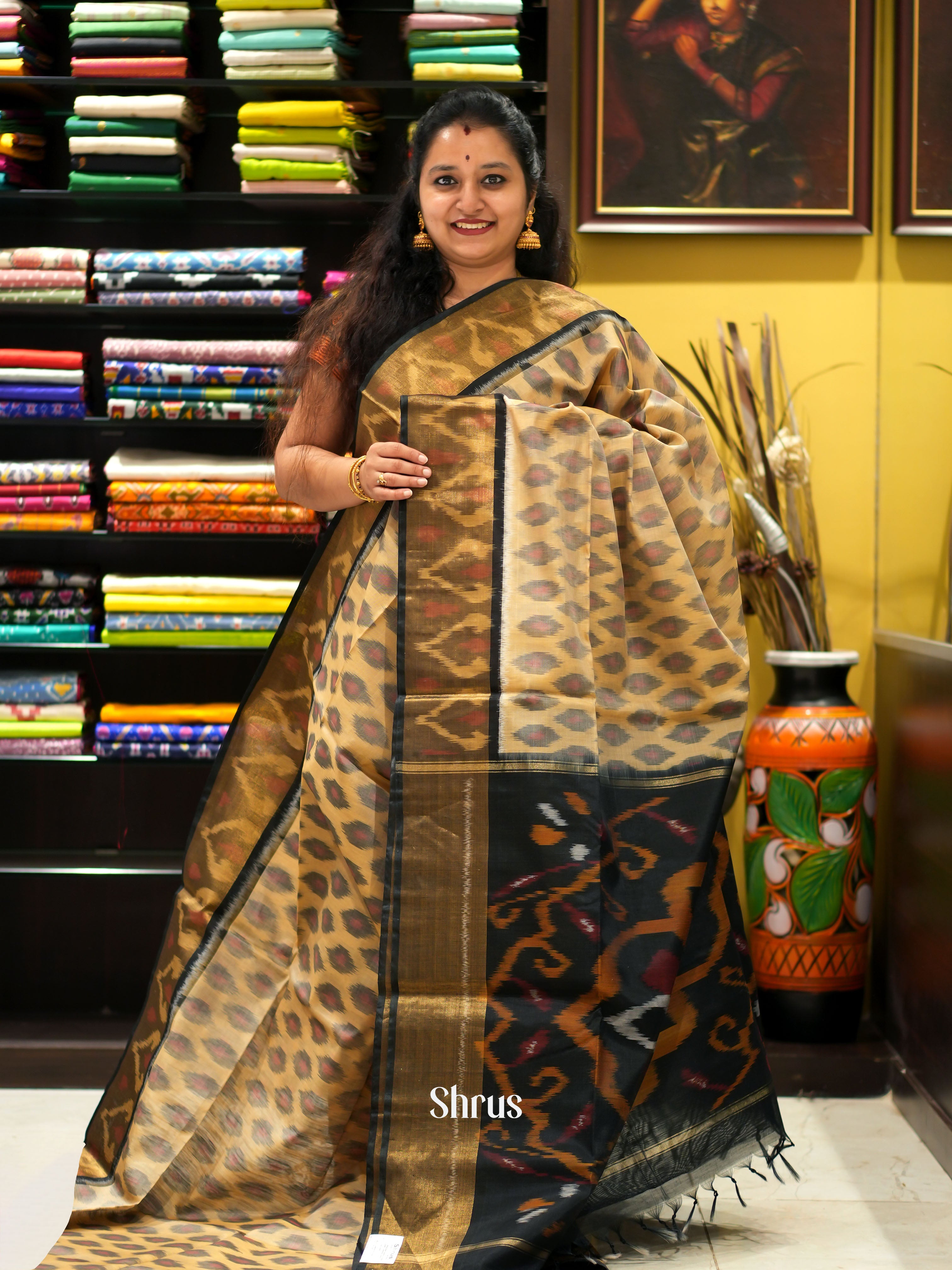 Cream & Black - Pochampally sico saree - Shop on ShrusEternity.com