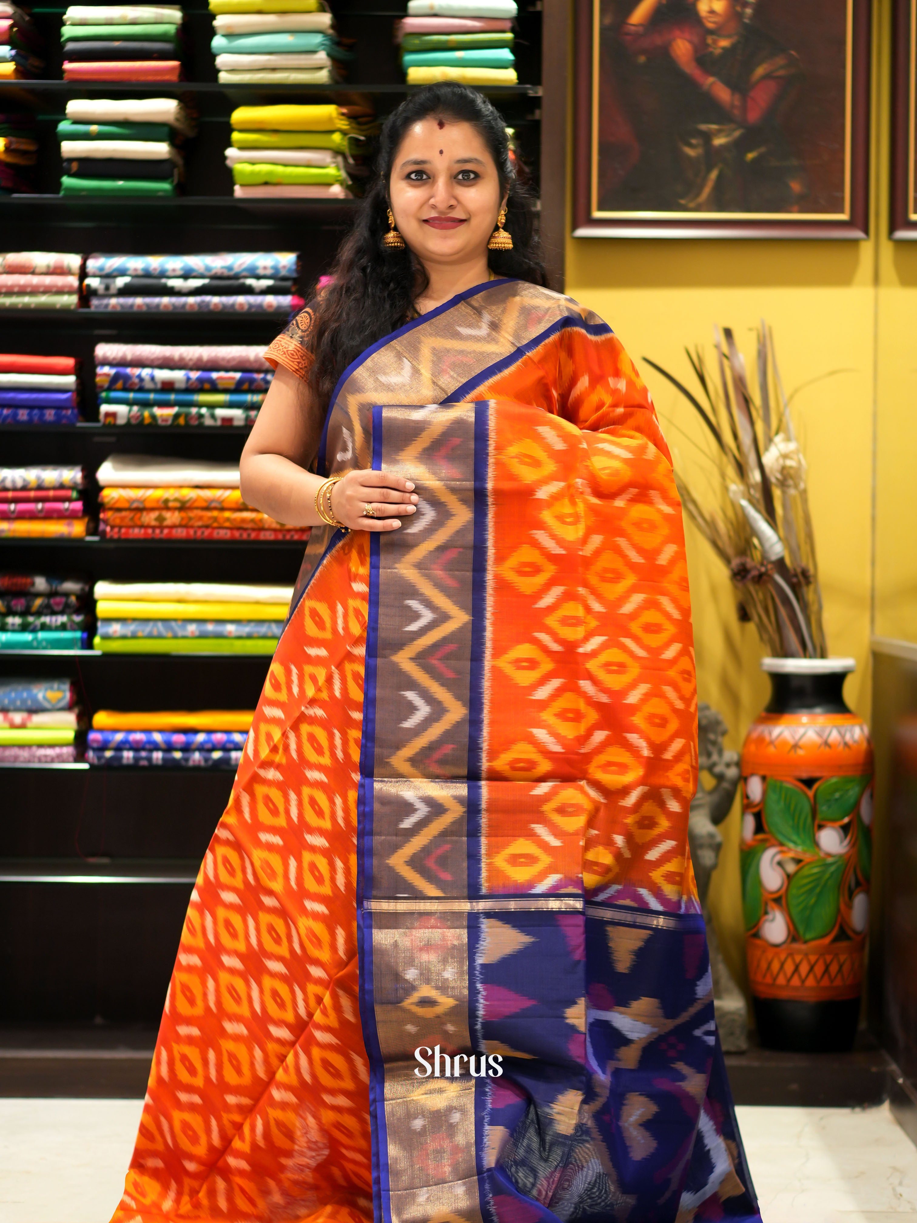 Orange & Violet - Pochampally sico saree - Shop on ShrusEternity.com