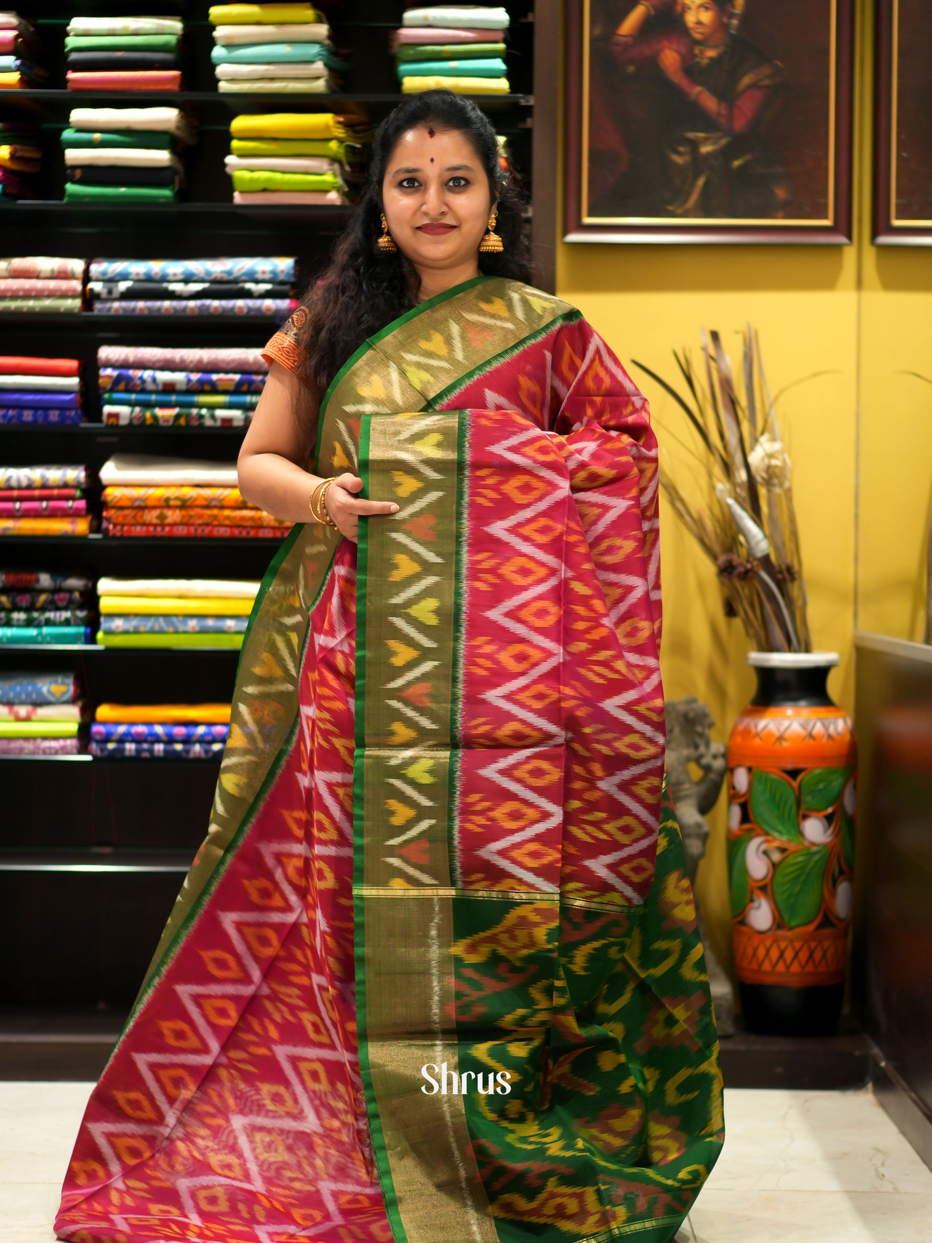 Reddish Pink & Green - Pochampally sico saree - Shop on ShrusEternity.com